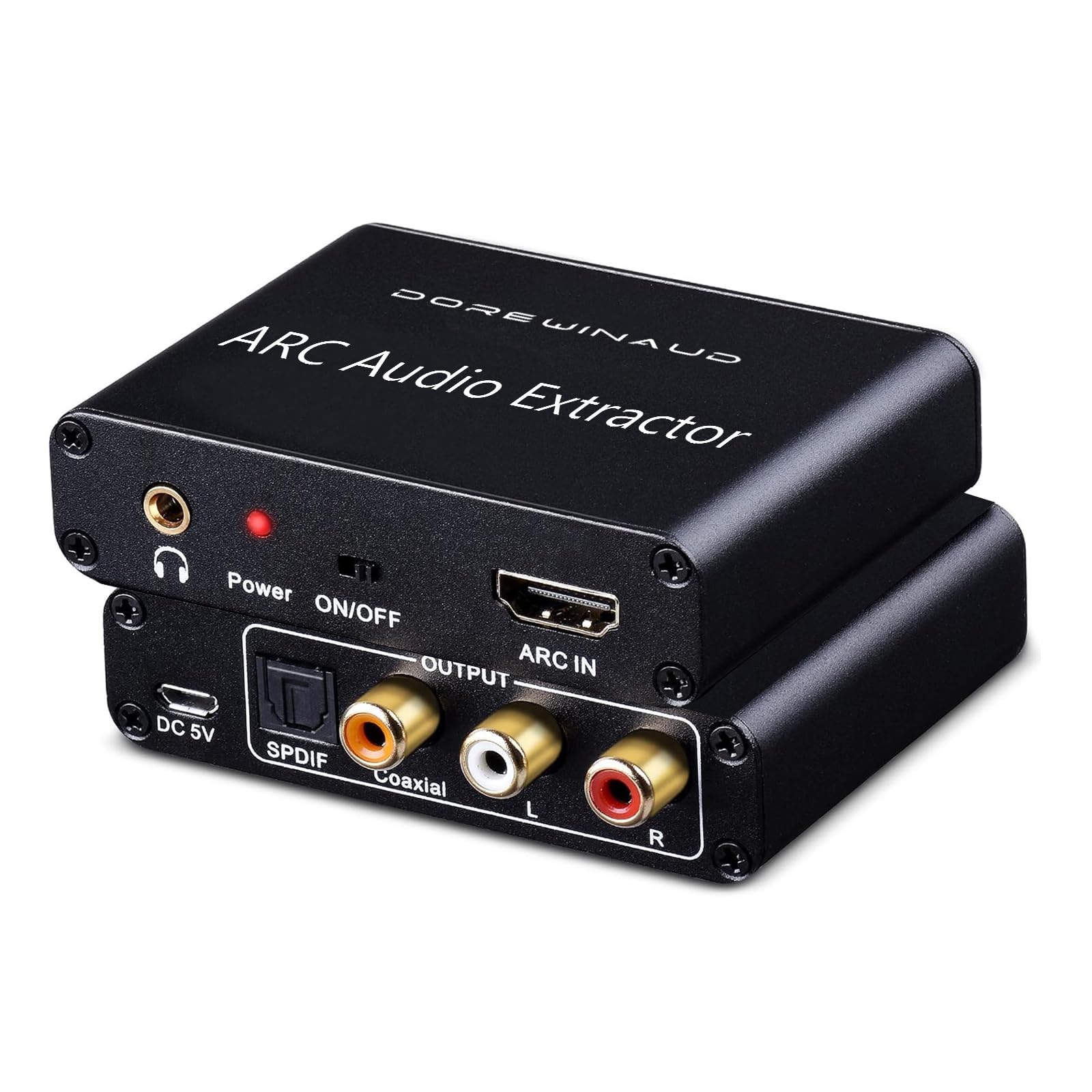 DOREWINAUD HDMI ARC Audio Converter, 192KHz / ARC to Optical/Coaxial/RCA/3.5mm Jack Compatible for TV/Projector/Speaker/Soundbar/Amplifier/Headset/Black