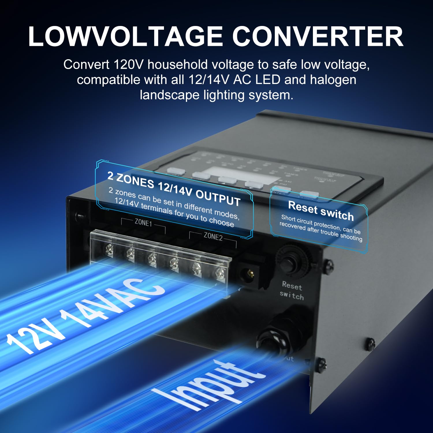 ZHENGXI ELECTRIC Trasformatore a bassa tensione da 300 W per illuminazione paesaggistica, 2 uscite controllate individualmente da 220 V a 12 V/14 V con timer e sensore di luce