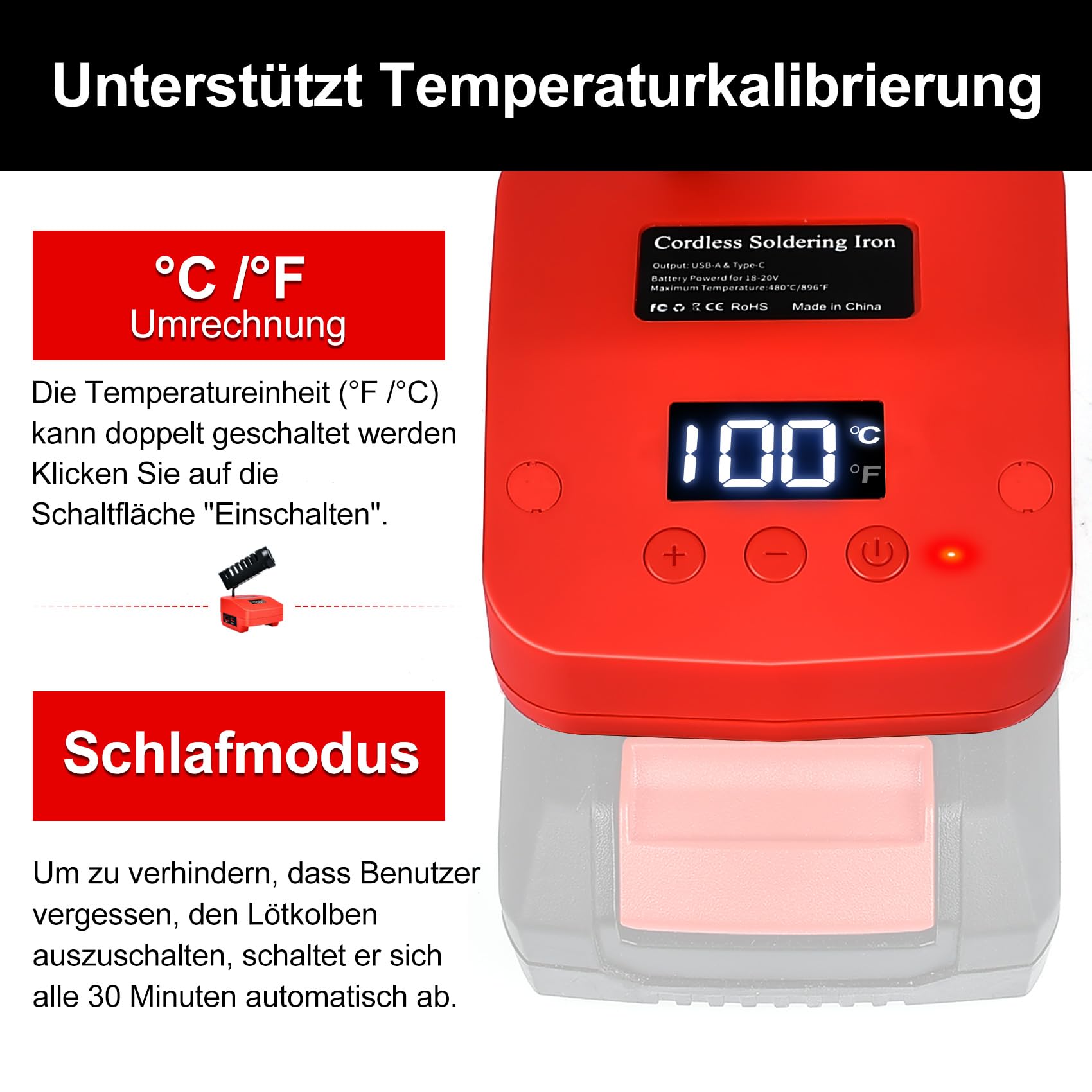 Akku Lötkolben Set kompatibel mit Power X-Change 18V Akku, Tragbarer Lötkolben mit USB und Typ-C, Einstellbarer Temperaturbereich 180℃–480℃ für Heimwerkerarbeiten, Elektroarbeiten (Ohne Akku)
