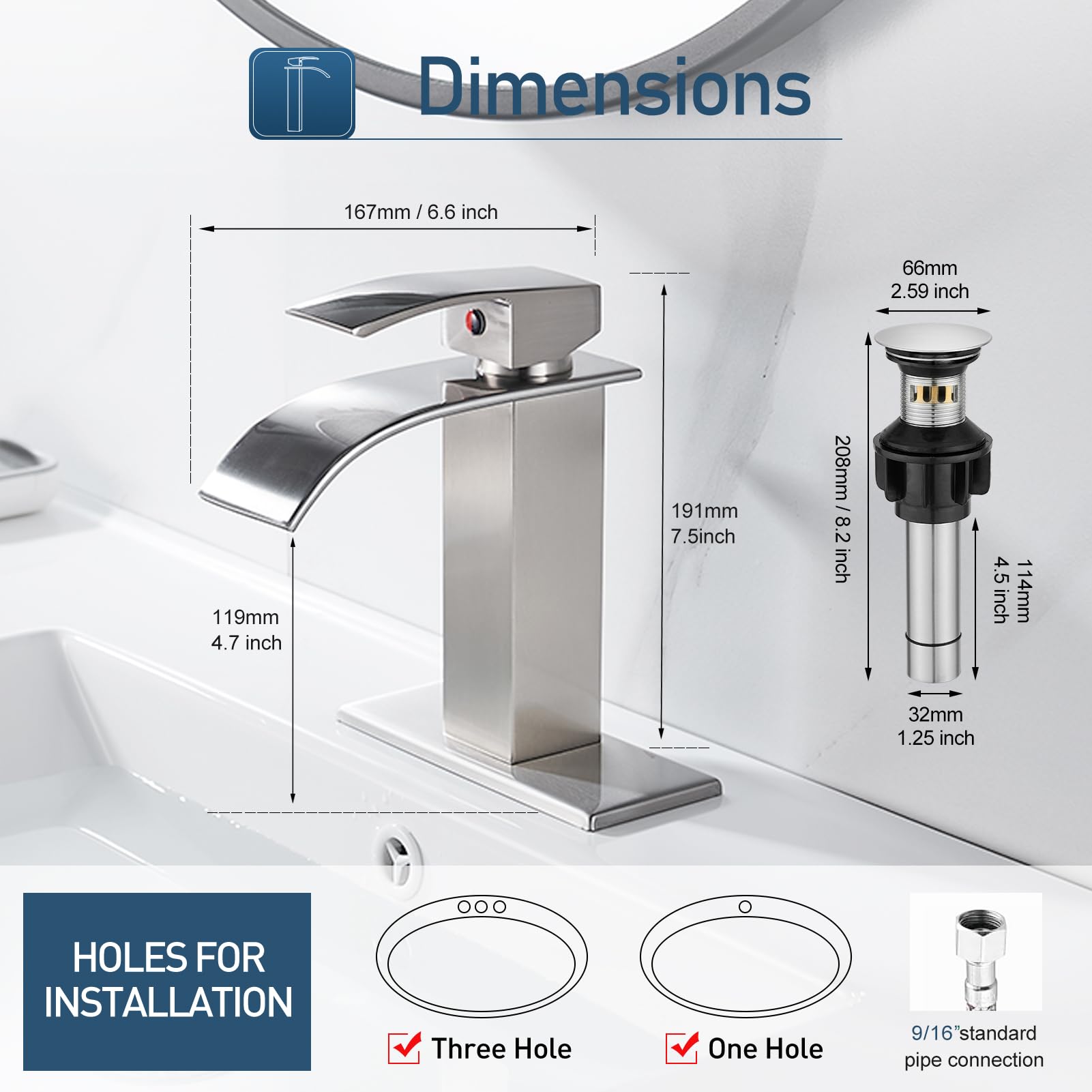 GENBONS Waterfall Single Handle Bathroom Vanity Sink Faucet with Metal Pop-up Drain, Brushed Nickel Finish - Image 3