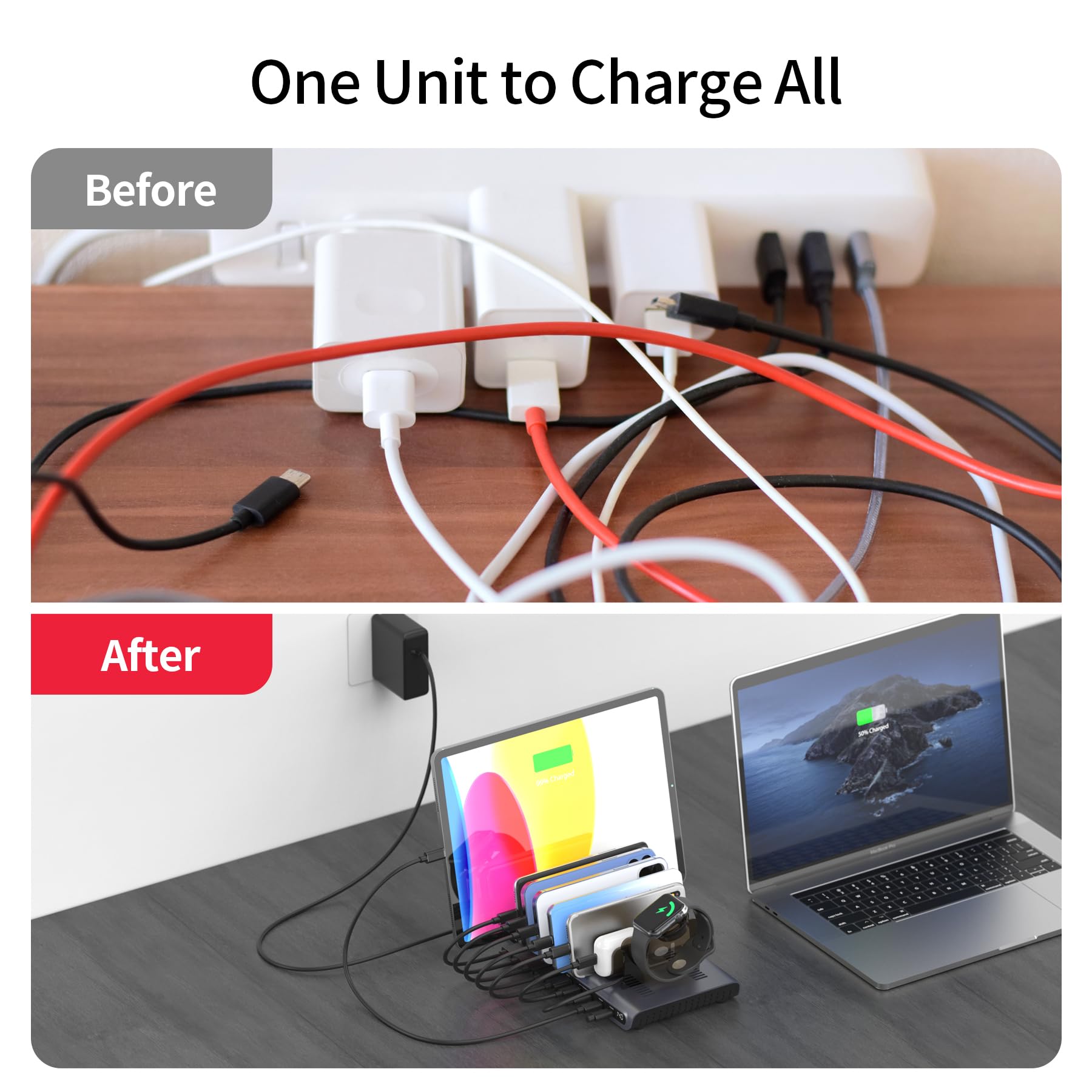 Unitek Stazione di ricarica per più dispositivi, 140 W, USB C, supporto di ricarica rapida con display digitale per laptop, iPad, iPhone, dock di ricarica con smartwatch e supporto per Airpods