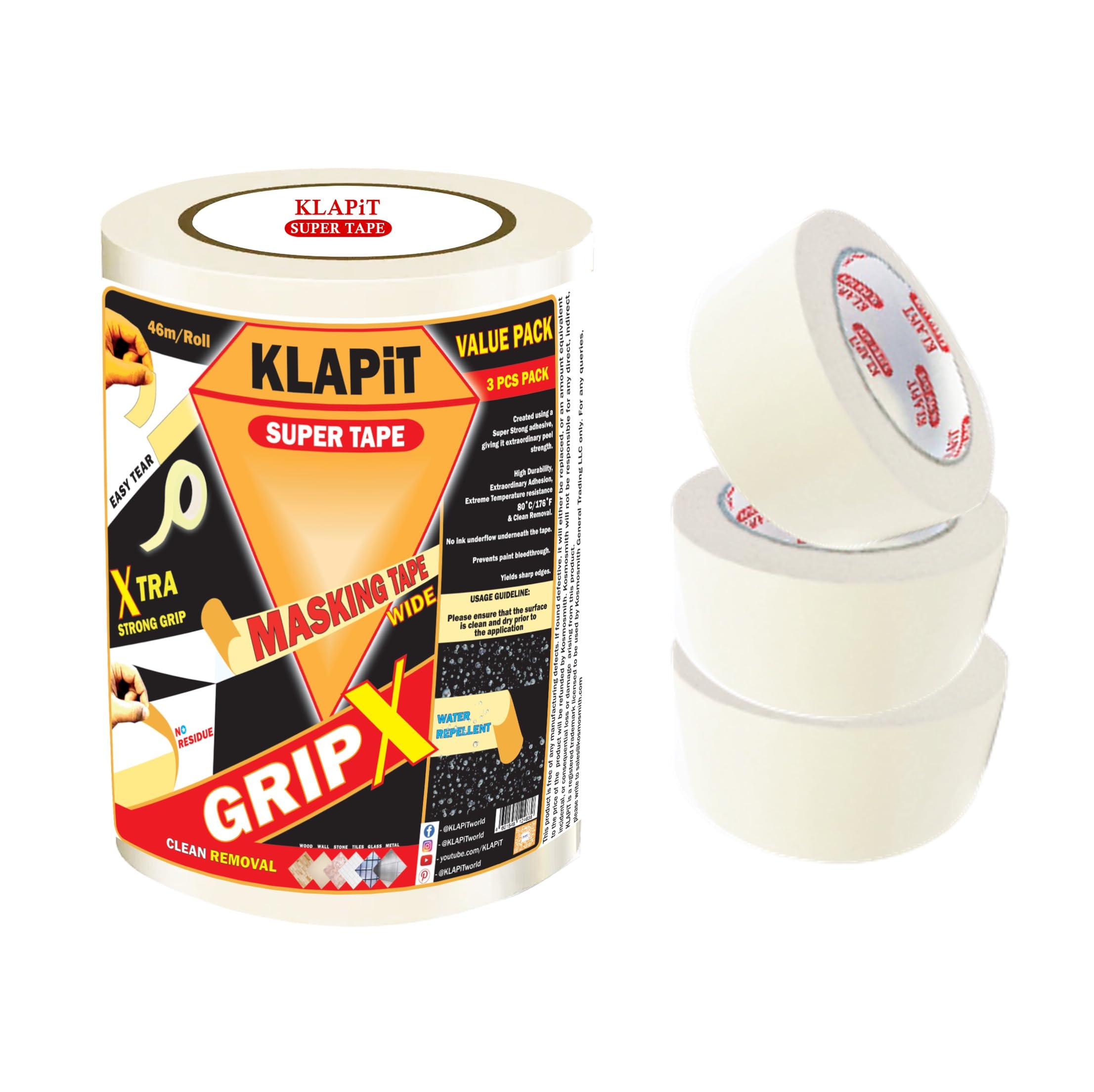 KLAPiT GRIPX: Multipurpose Masking Tape for Home, Office & Crafts - Strong Adhesive, 48mm X 46m - Ideal for Painting, Decorating, School Supplies, DIY Projects & More! [3 Rolls] (B0BQN7MFRV) Amazon Price History, Amazon Price Tracker
