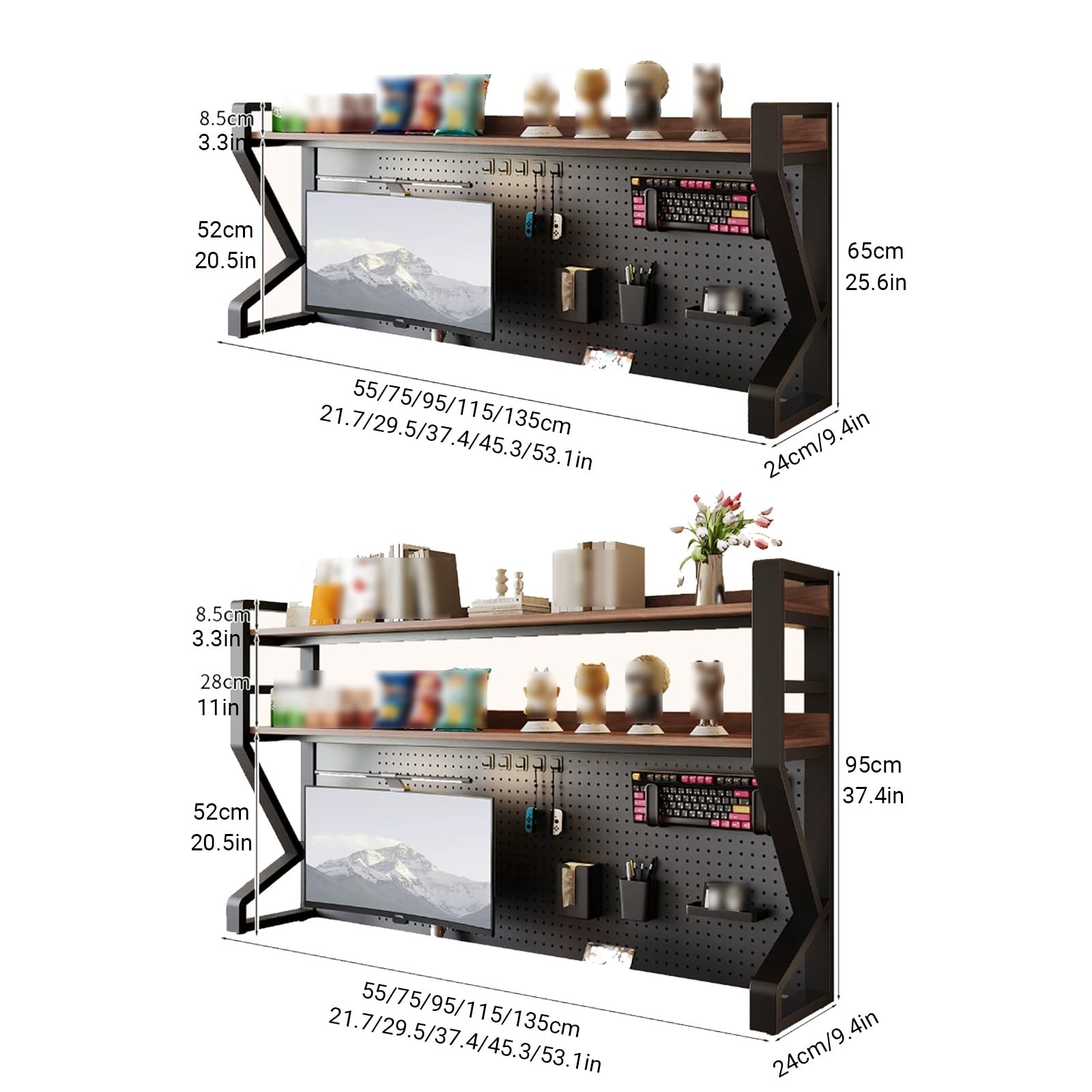 Étagère de bureau à 2/3 niveaux avec panneau perforé et accessoires de rangement en métal pour la maison, le bureau, le bricolage, étagères de comptoir pour dortoir (blanc, 65 x 55 cm / 25.6x21.7in)