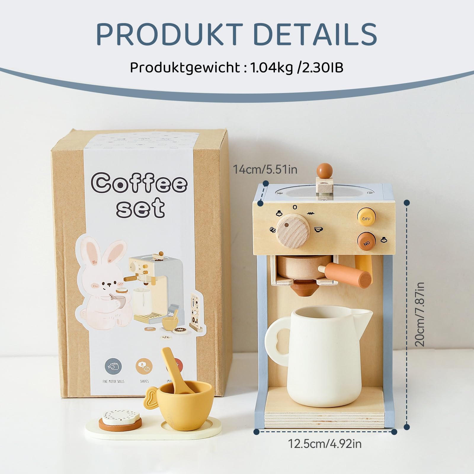 Kaffeemaschine Kinder mit Mühle, Siebträger, Kaffeehaus 22-Teilig HolzSpielzeugset, Espressomaschine Imitation Barista Kinder, Geeignet für Kleinkinder ab 3 Jahren