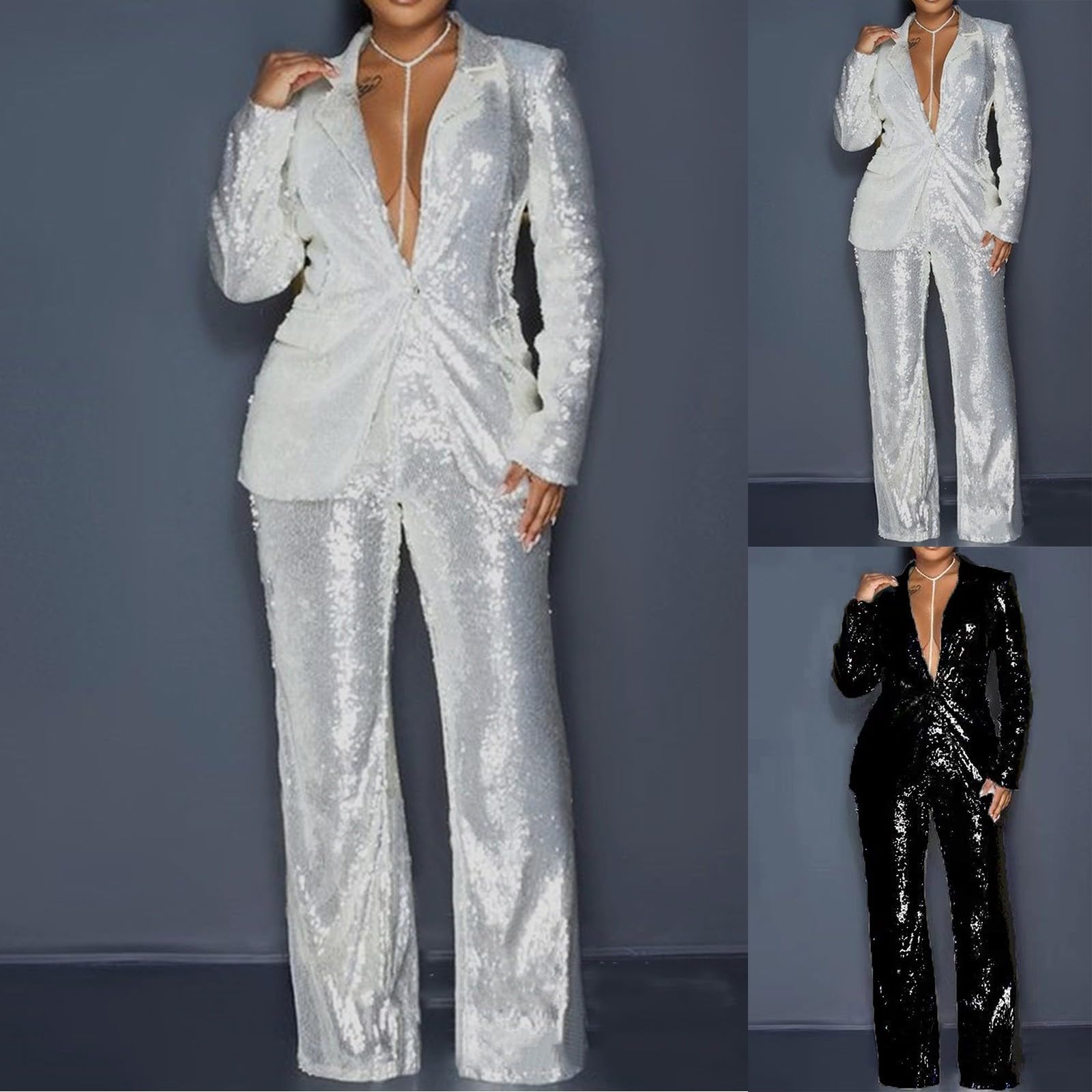 Generisch Pailetten - Pantaloni da donna con glitter metallizzati, larghi, a vita alta, per il tempo libero, eleganti, tinta unita, con brillantini, per feste, carnevale, feste, costumi slim fit