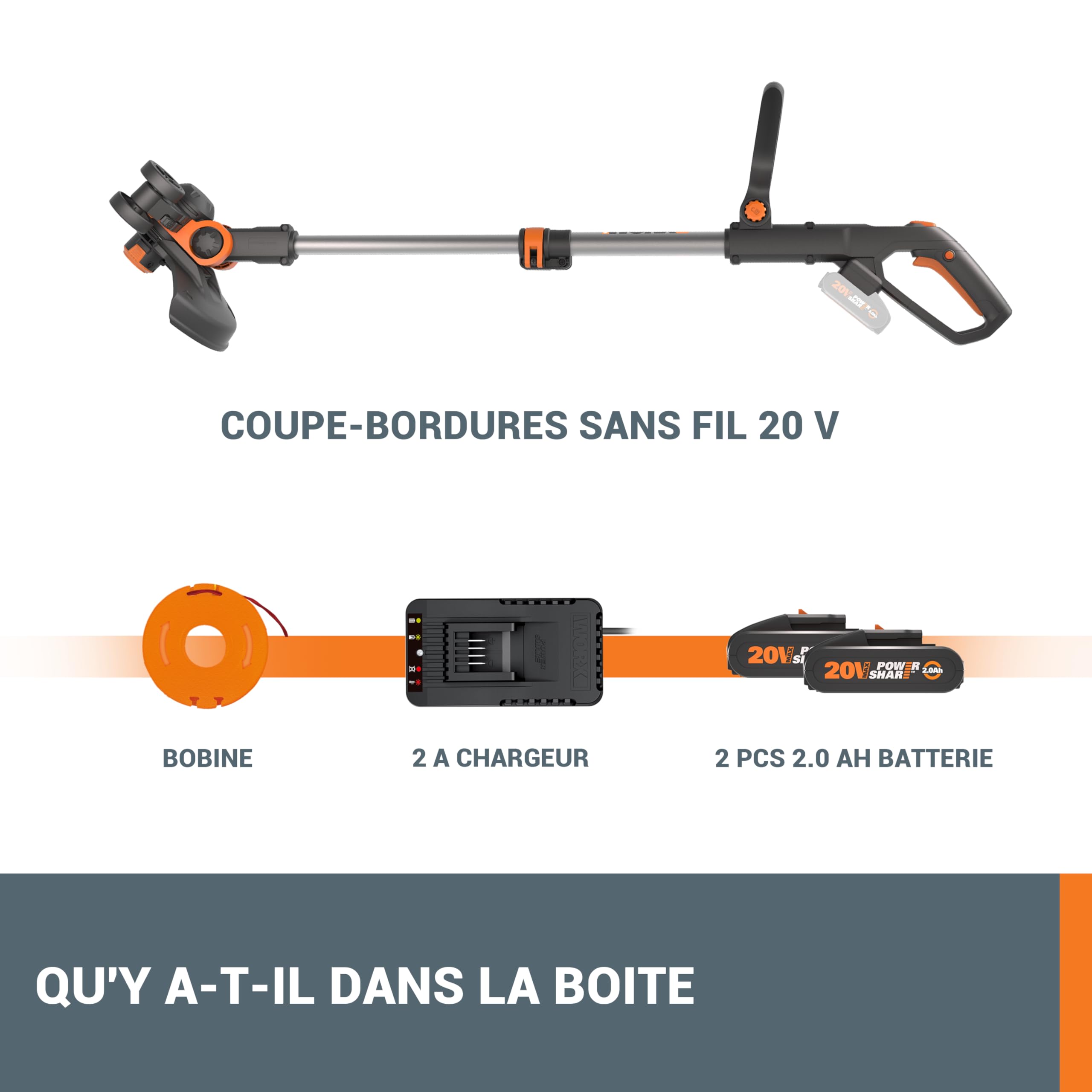 WORX 20V Coupe-Bordures et Dresse-Bordures sans Fil WG163E.3, PowerShare, Diamètre de Coupe 30 cm, Tête Inclinable à 90°, Poignée et Manche Réglables, 2 Batteries 2Ah et 1 Chargeur Inclus