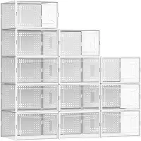 Secret Space Pacote com 12 caixas organizadoras de sapatos grandes para armário, caixas de sapato modulares que economizam espaço, recipientes empilháveis de plástico transparente para tênis, estojo