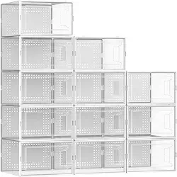 Secret Space Pacote com 12 caixas organizadoras de sapatos grandes para armário, caixas de sapato modulares que economizam espaço, recipientes empilháveis de plástico transparente para tênis, estojo