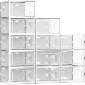 Secret Space Pacote com 12 caixas organizadoras de sapatos grandes para armário, caixas de sapato modulares que economizam espaço, recipientes empilháveis de plástico transparente para tênis, estojo