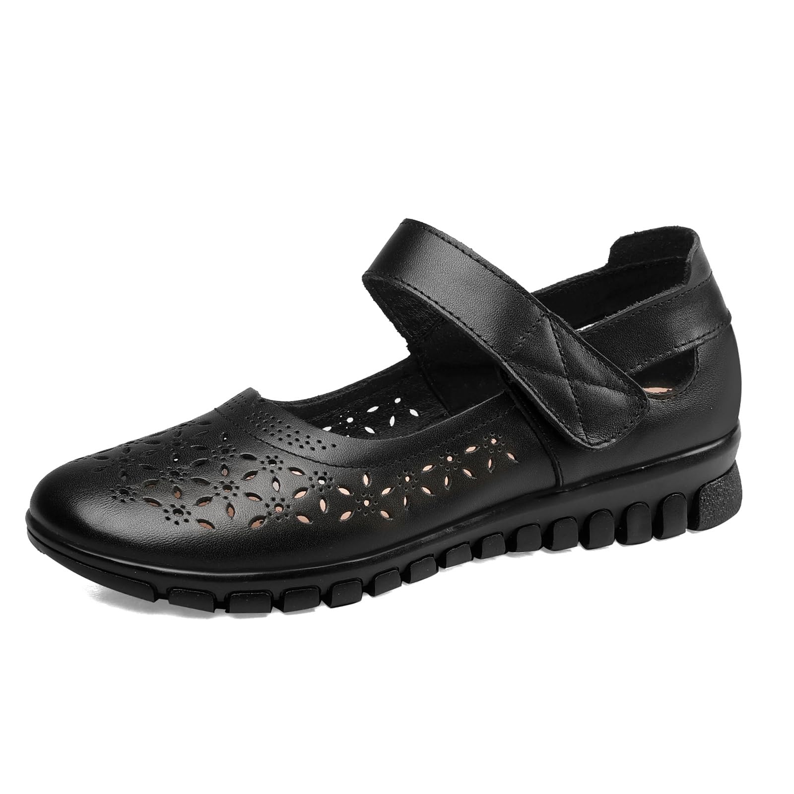 Women's Leather Mary Jane Shoes Comfy Walking Hook&Loop Falts Casual Business Office Dressy Work Shoes with Floral Eyelets