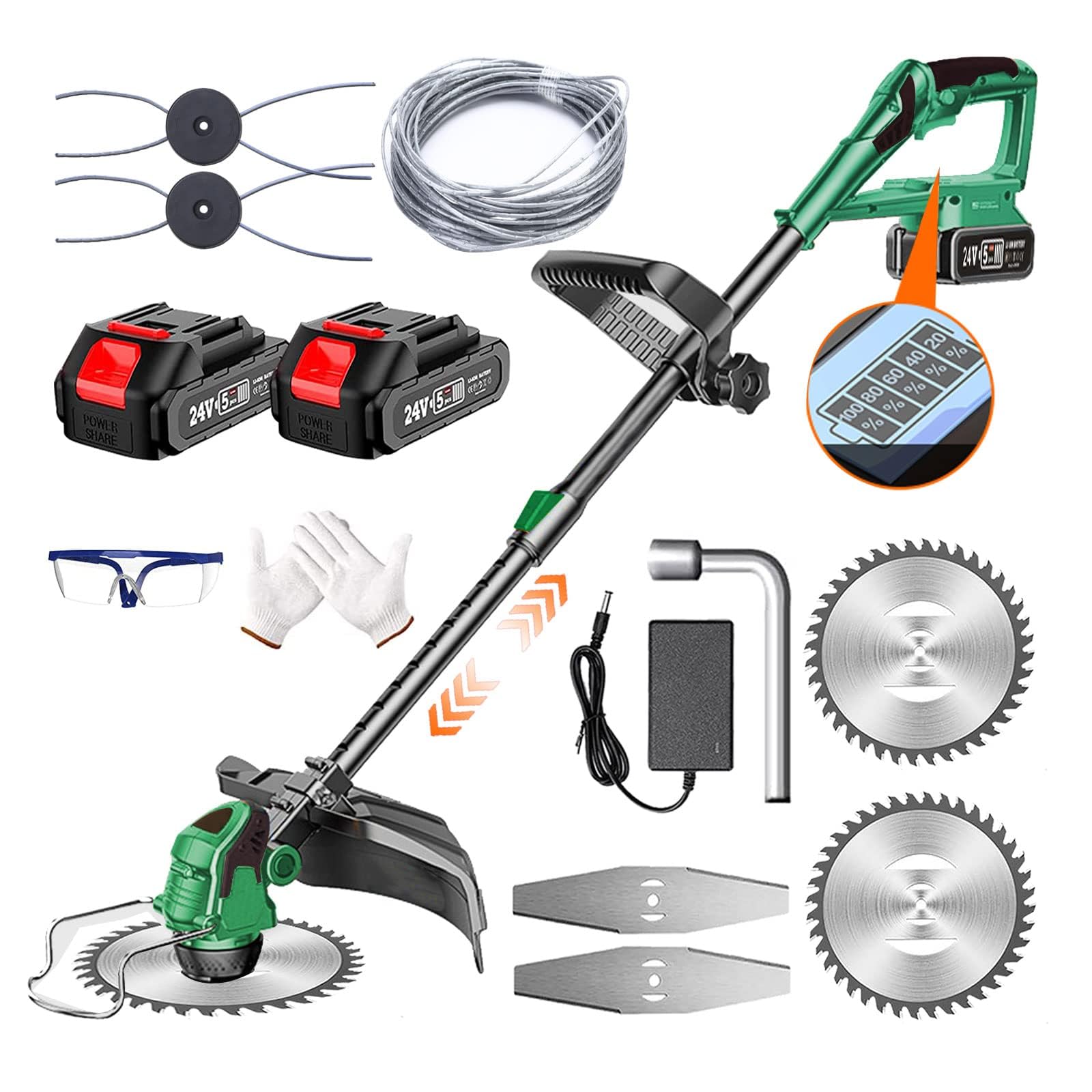 Akku Rasentrimmer mit Akku 24V Akku Freischneider 3 in 1 Elektro Rasentrimmer mit 2X2.0Ah Akku & Ladegerät, Multitool Rasentrimmer mit Messer 90-120cm Teleskop Rasenkantenschneider,Green