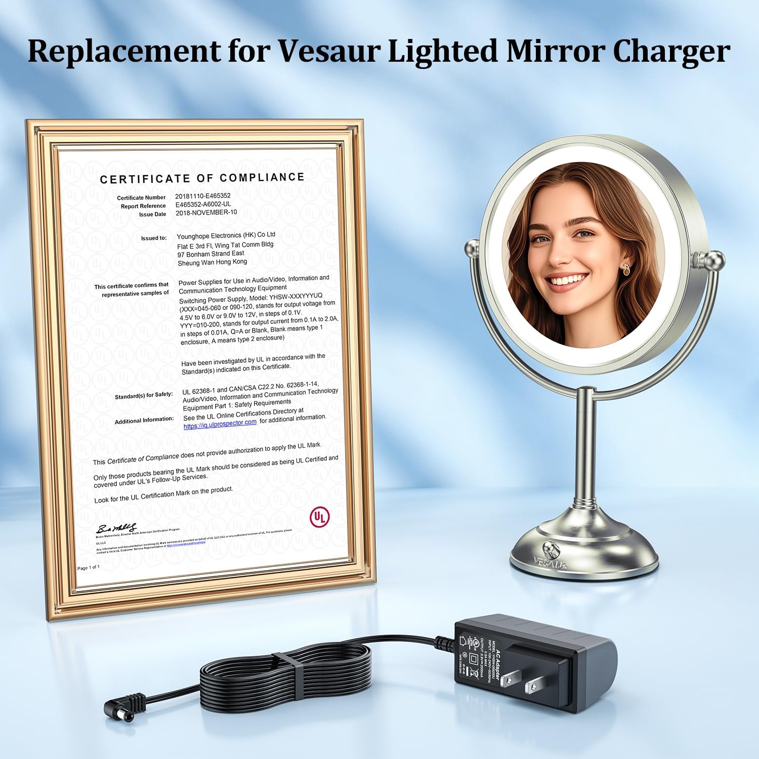 VESAUR Original 5V Charger for D8512 8.5" & D1003 10" Lighted Makeup Mirror Power Supply for Vesaur 1X/5X 1X/10X Magnifying Vanity Mirror AC Adapter