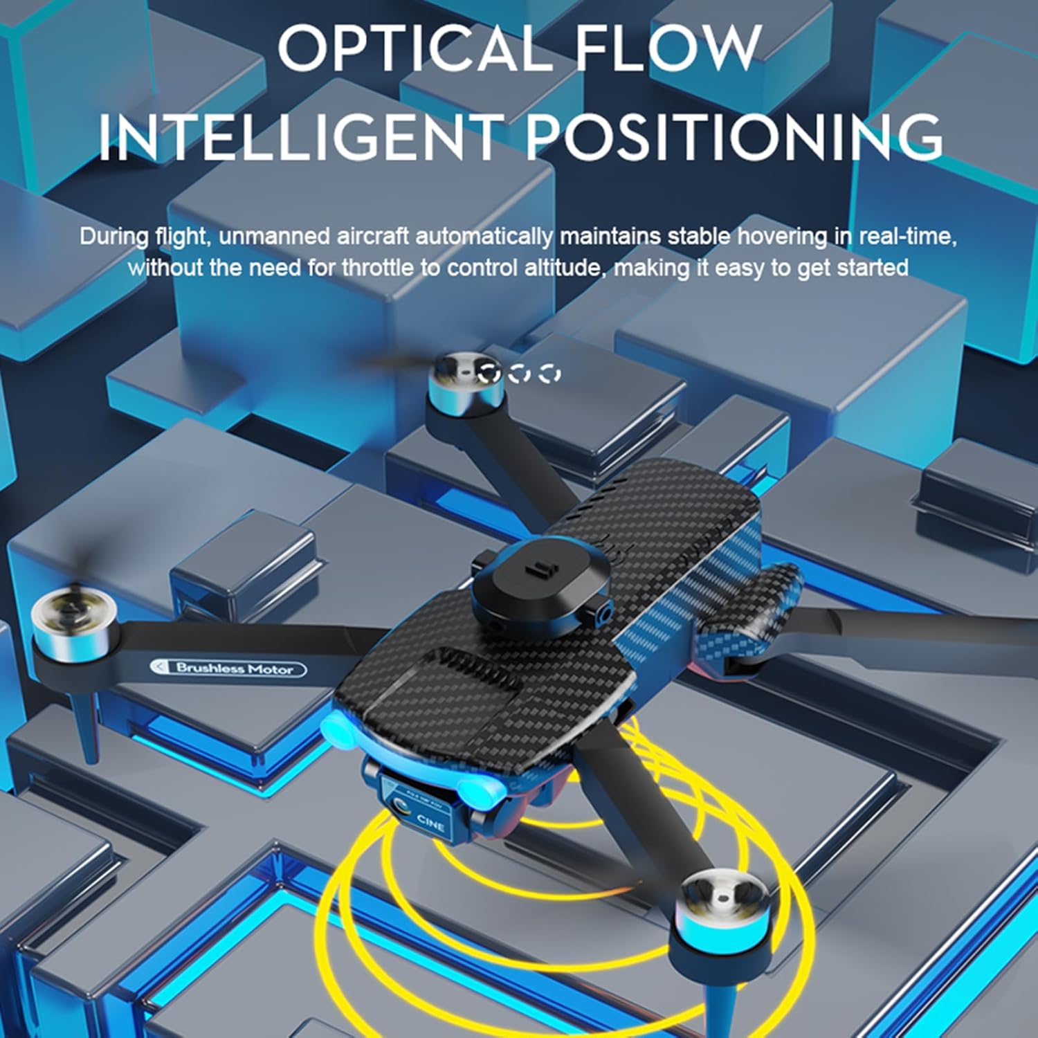 Drone hovering with optical flow positioning indicated by yellow circles