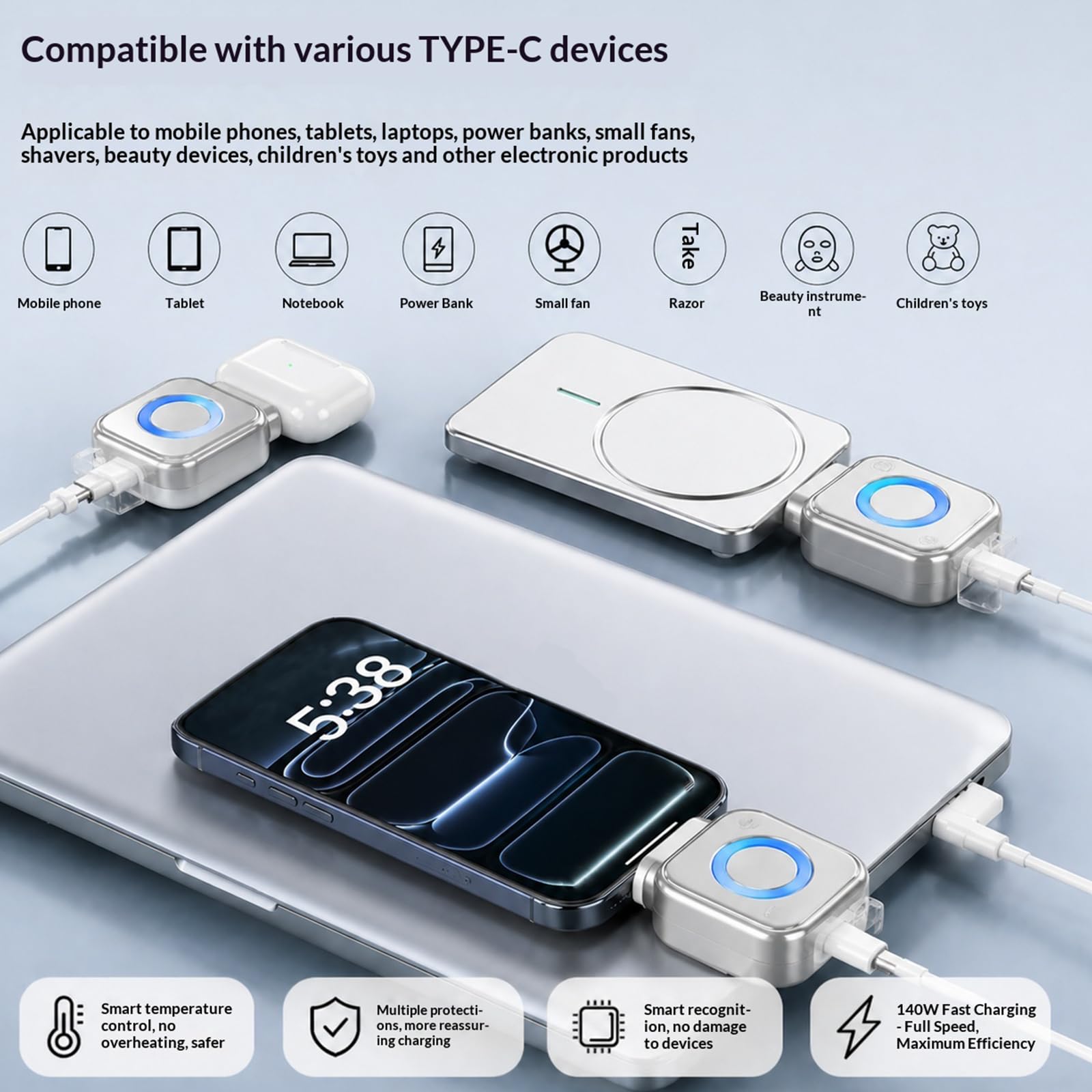 Stop Charge Caricatore Intelligente con Dispositivo di Protezione Anti-Sovraccarico, Pack da 5 Pezzi, 140W Tipo-C con Spegnimento Automatico, Protezione di Sicurezza per Casa, Ufficio Viaggi
