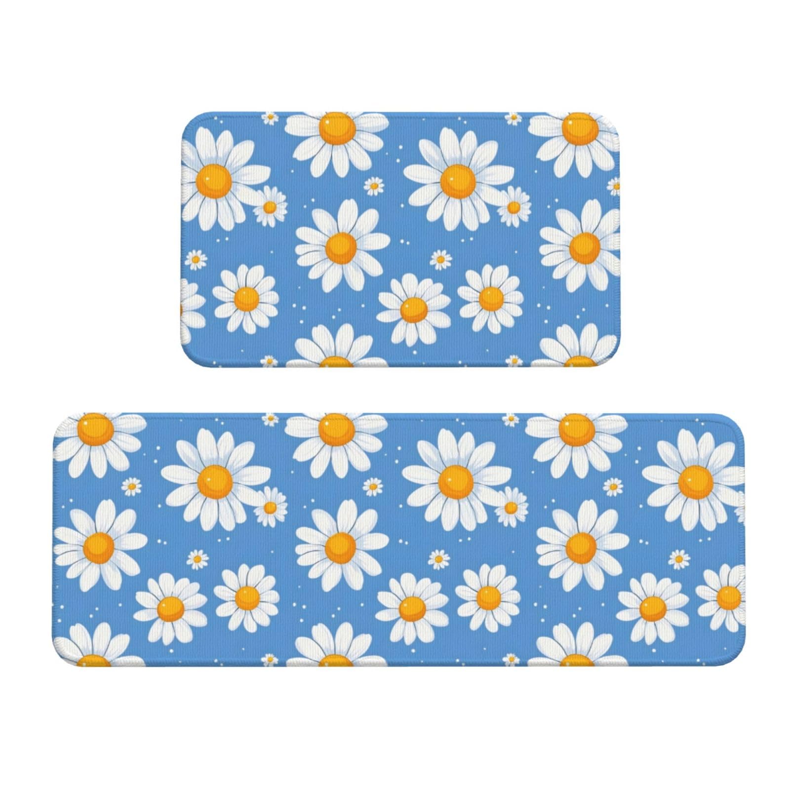 GVYGVY Antifatigue Kitchen Mats for Floor 2 Piece - Bright Daisy White Print Kitchen Rugs Washable, Non Slip Runner Rug Standing Mat for Office/Bathroom/Laundry/Home Decor and Accessories