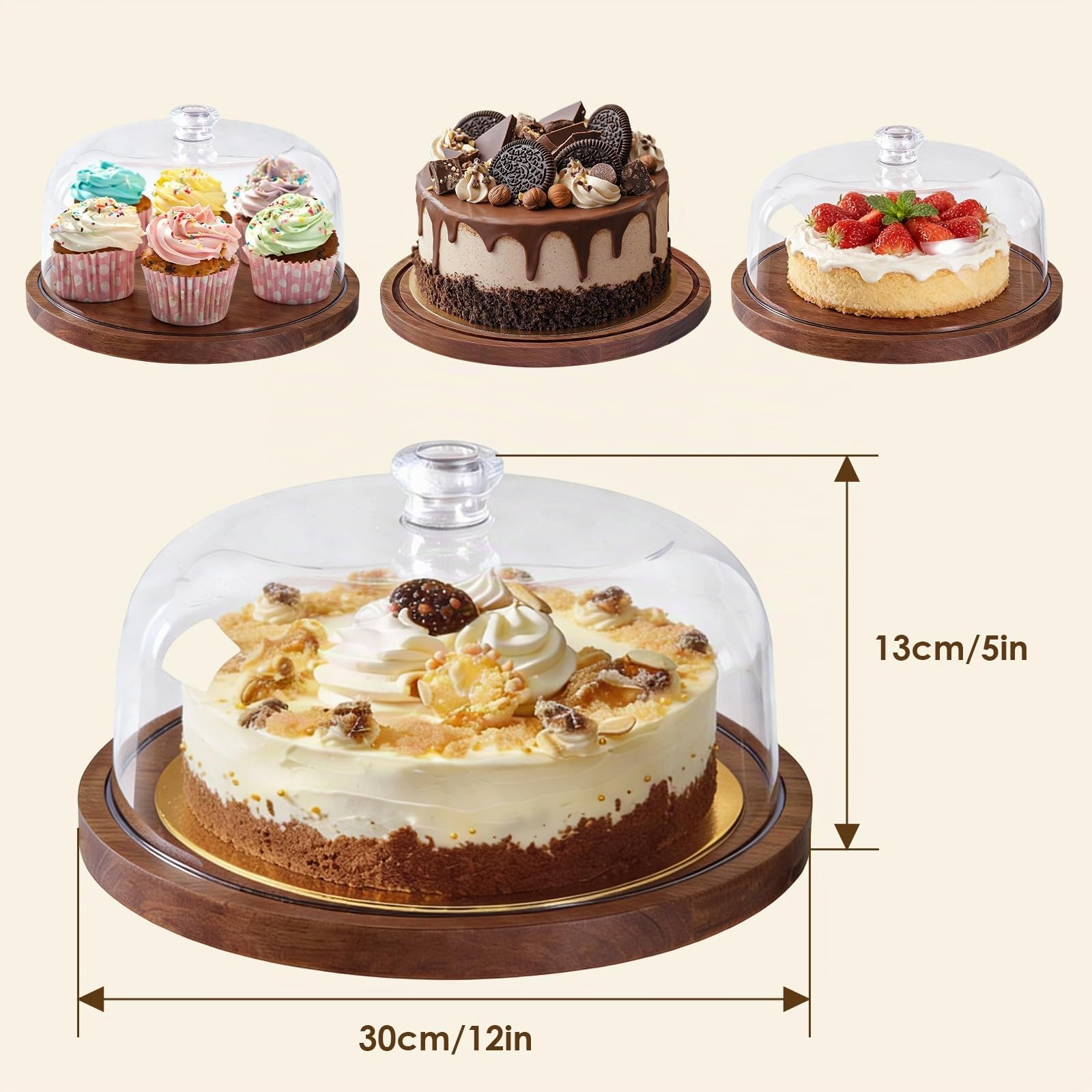 Buachois Soporte para Pastel con Tapa de Madera, Ø 30 cm / 12 Pulgadas Pastel Tapa, 2 en 1 Mesa de Pantallas de Charcutería de Redondo de Exhibición de Postres con Cúpula de Acrílico para Bandeja