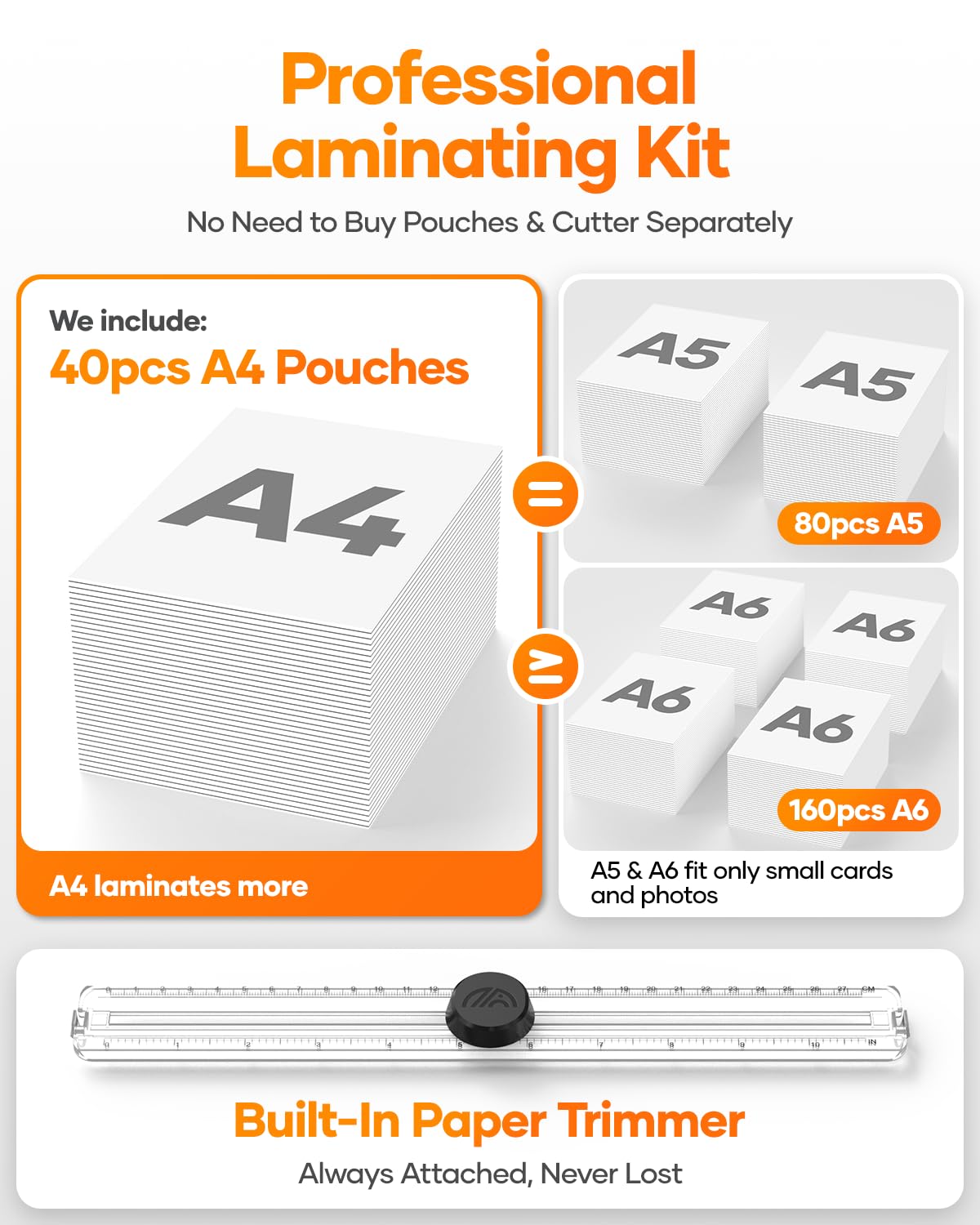Laminatrice con 20 buste di laminazione A4, laminazione termica e a freddo con taglierina integrata, riscaldamento rapido, macchina per laminazione portatile da 22 cm, per casa, ufficio, scuola