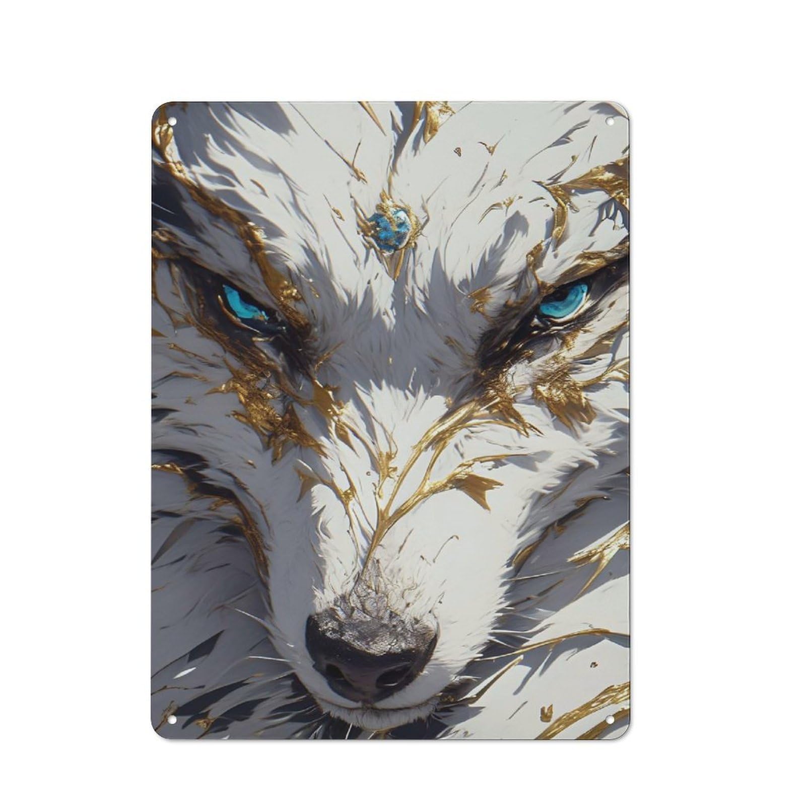 Junmoney Style-11 White Wolf With Golden Accents Retro-Style Tin Wall Plaque 40X30cm For Café Or Home Bar, For Themed Interiors In Cafés And Home Bars