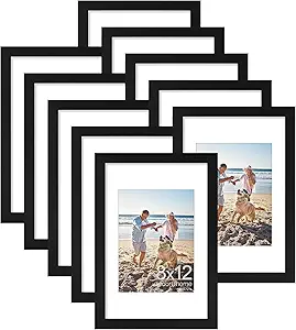 decorUhome 8x12 Picture Frame, Display Pictures 6x8 with Mat or 8x12 without Mat, Wall & Tabletop Display Photo Frame, Black, 10 Pack