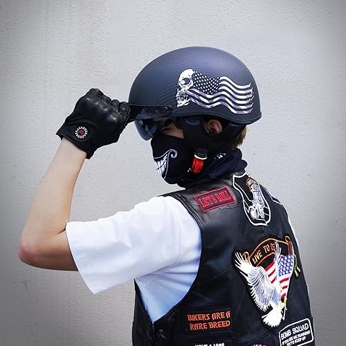 Miniatura 5 de VCOROS Casco de motocicleta Crusie con protección solar abierta de fibra de carbono Bandera de calavera, Negro liso, Negro satinado