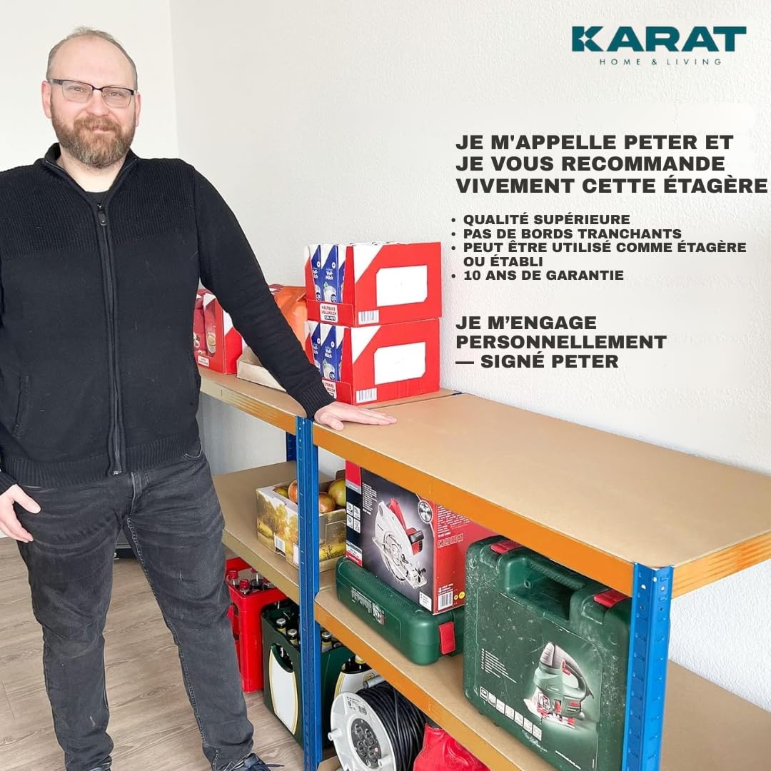 KARAT Ripiani a grande tenuta, mensola ad incastro, montaggio senza attrezzi, scaffalature pesanti negozio e garage, scaffale da officina modulabile (blu-arancio 200x180x60 cm - 4 livelli)