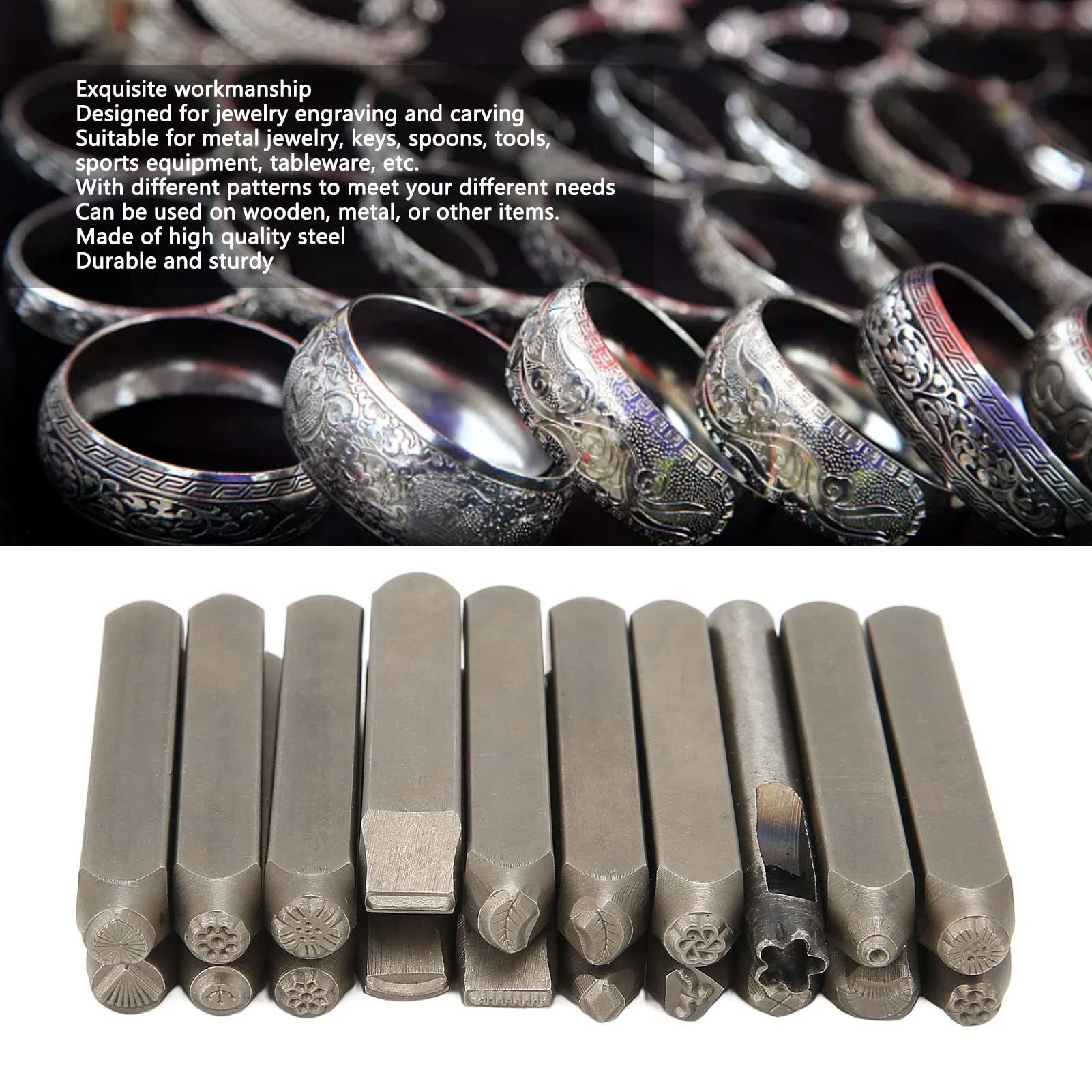 Generic Kit per Punzonatura Metallo, Set di Timbri con Motivi Diversi, 20 Pezzi, for Lavorazione Artigianale e Incisione su Metallo | Set punzoni in acciaio per incidere gioielli, chiavi e posate fai-da-te