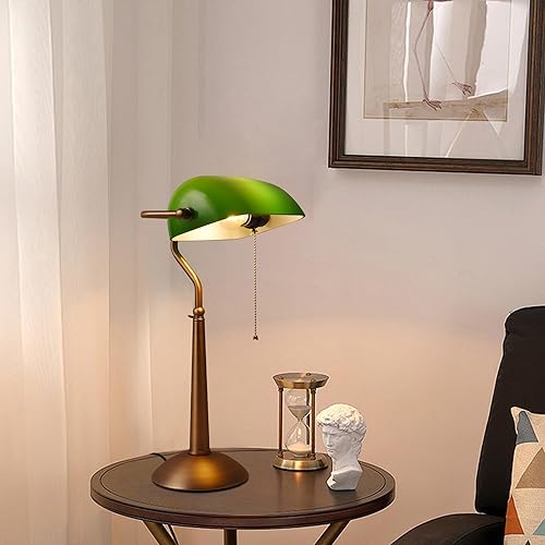 Miniatura 4 de COSYLUX Lámpara de mesa alta de cristal verde elegante vintage con interruptor de tracción, lámpara de escritorio de metal de bronce antiguo para