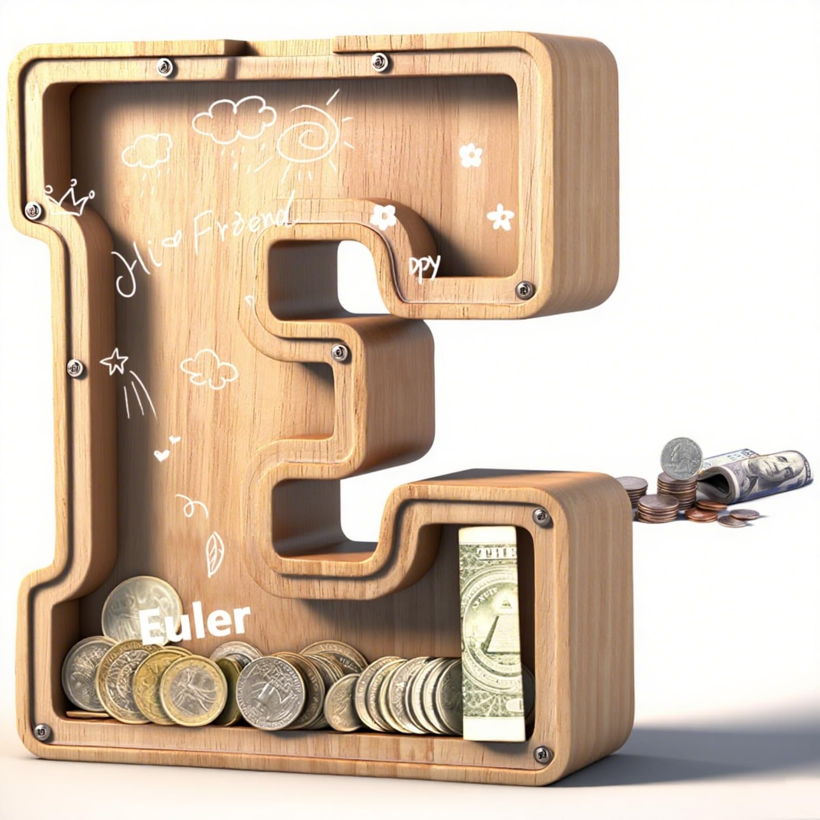 UBeesize Large Piggy Banks for Boys Girls，Twenty-Six English Alphabet,Wooden Personalized Bills and Coins Bank Money Bank,DIY Name Birthday Gift,Bedroom Living Room Decoration(E)