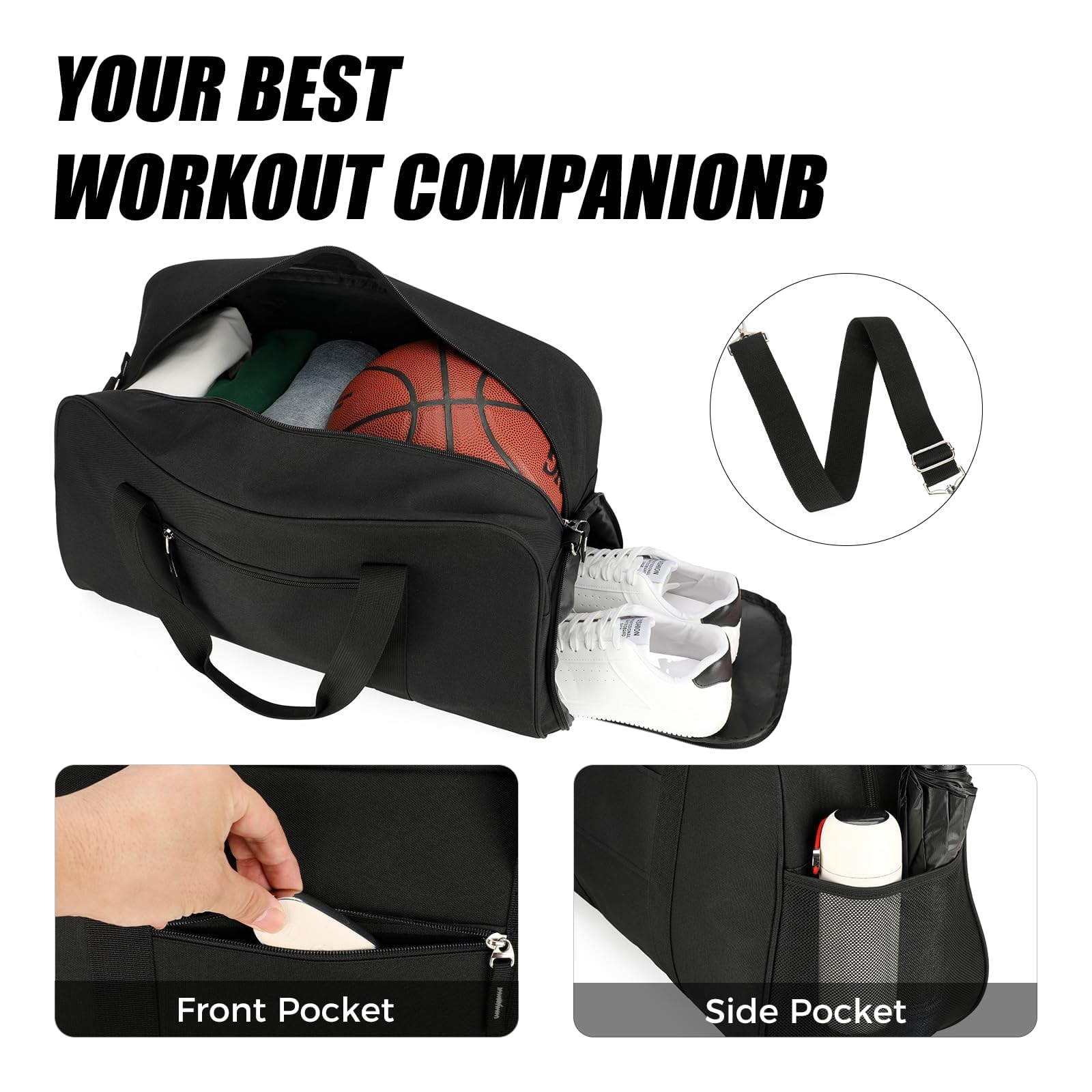 Searock Bolsa de gimnasio de 21 pulgadas con compartimento para zapatos, bolsa deportiva para viajes, bolsa de lona de mano, bolsas de fin de semana para hombres y mujeres que viajan, Negro, 53 cm
