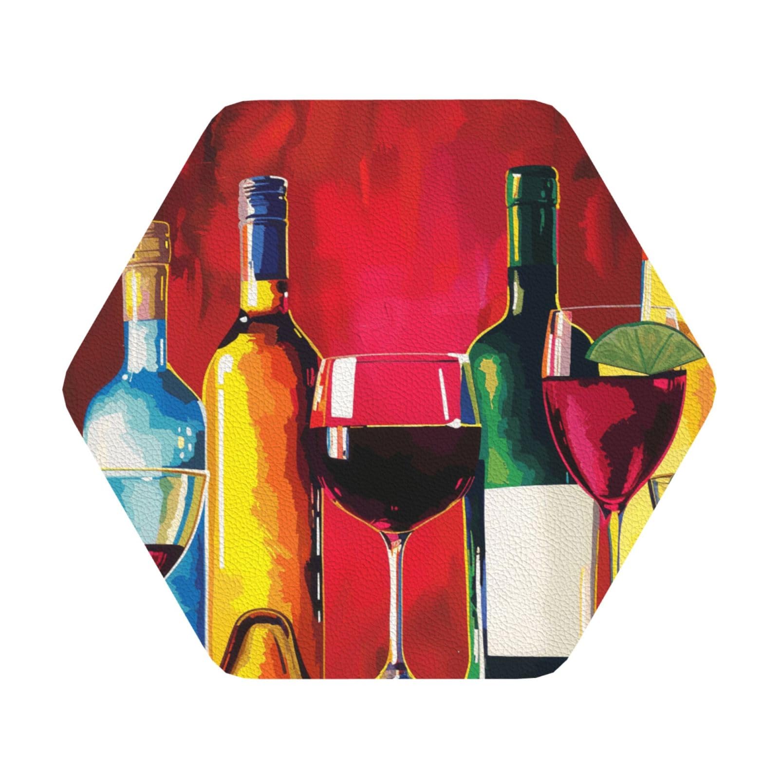 Cocktail Glasses and Wine Bottles Print Leather Coaster Set of 6, Hexagon Coasters Table Decorative Coffee Cup Beverage Coasters Wine Beer Bar Coasters for Hot Drinks Table Protection