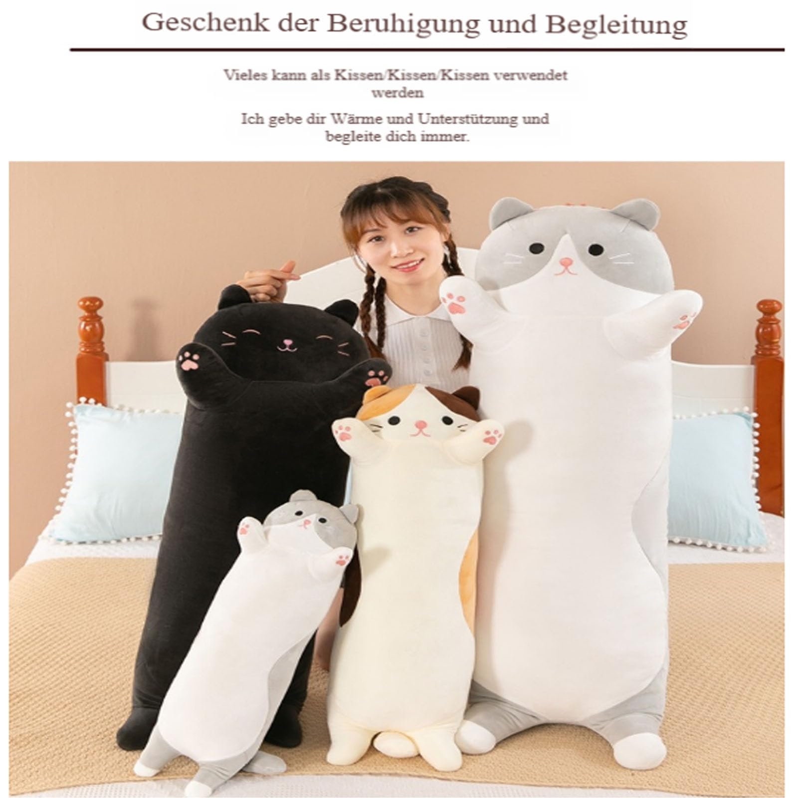 Langer Katzen plüsch Kissen, 3D niedliche Katze Plüschtiere, Puppe Spielzeug Schlafkissen, riesen XXL Kawaii plüschtier, Ausgestopftes Tier Wurfkissen, Geschenk Für Kinder Freundin (110cm,Grau)