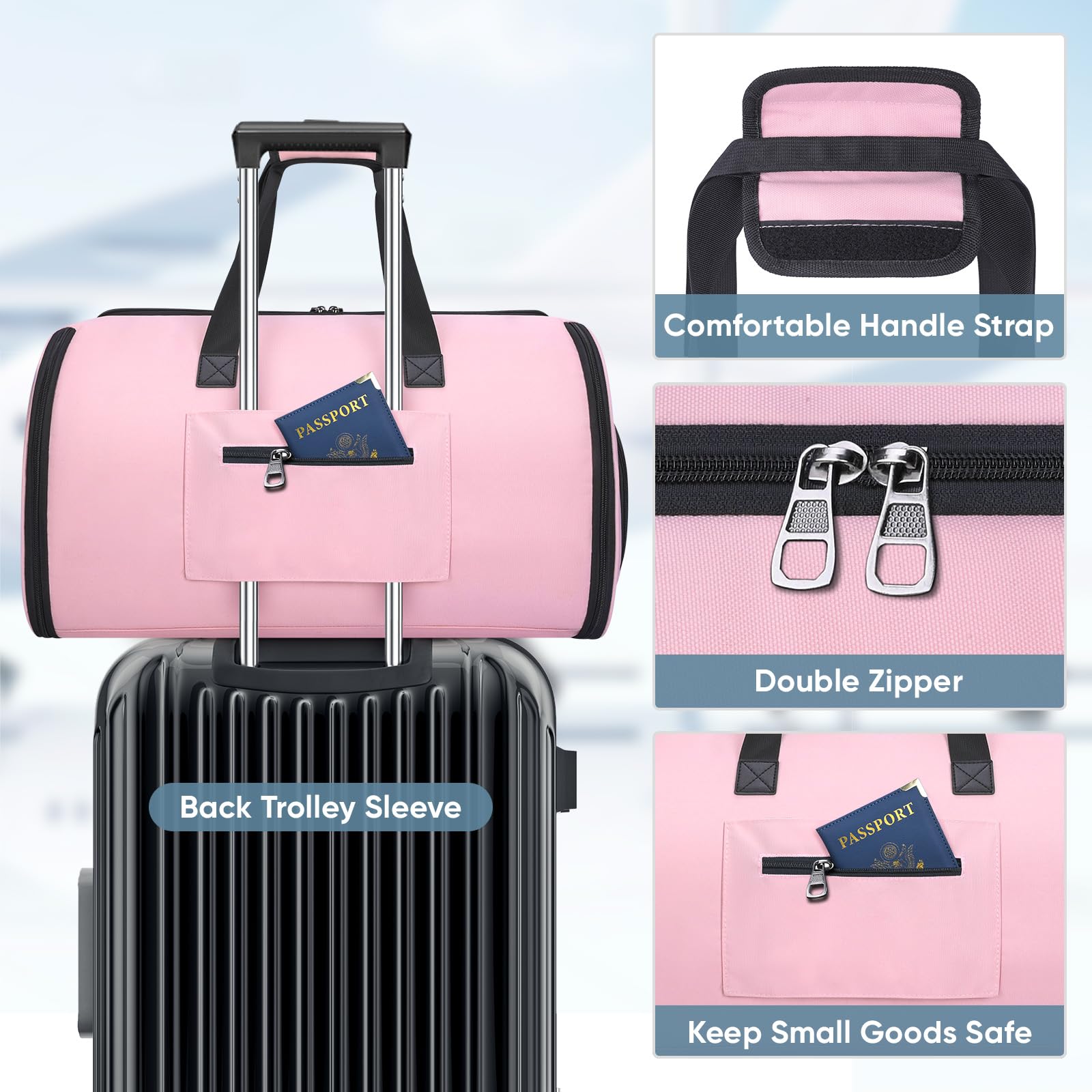 BALEINE Bolsa de ropa convertible con compartimento para zapatos, 2 en 1, bolsas de lona para viajes, bolsa de traje para hombres y mujeres, Rosado
