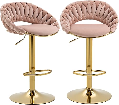 Moderno juego de 2 taburetes de bar giratorios de terciopelo, cómodos taburetes de bar ajustables con respaldo curvado tejido a mano, patas doradas