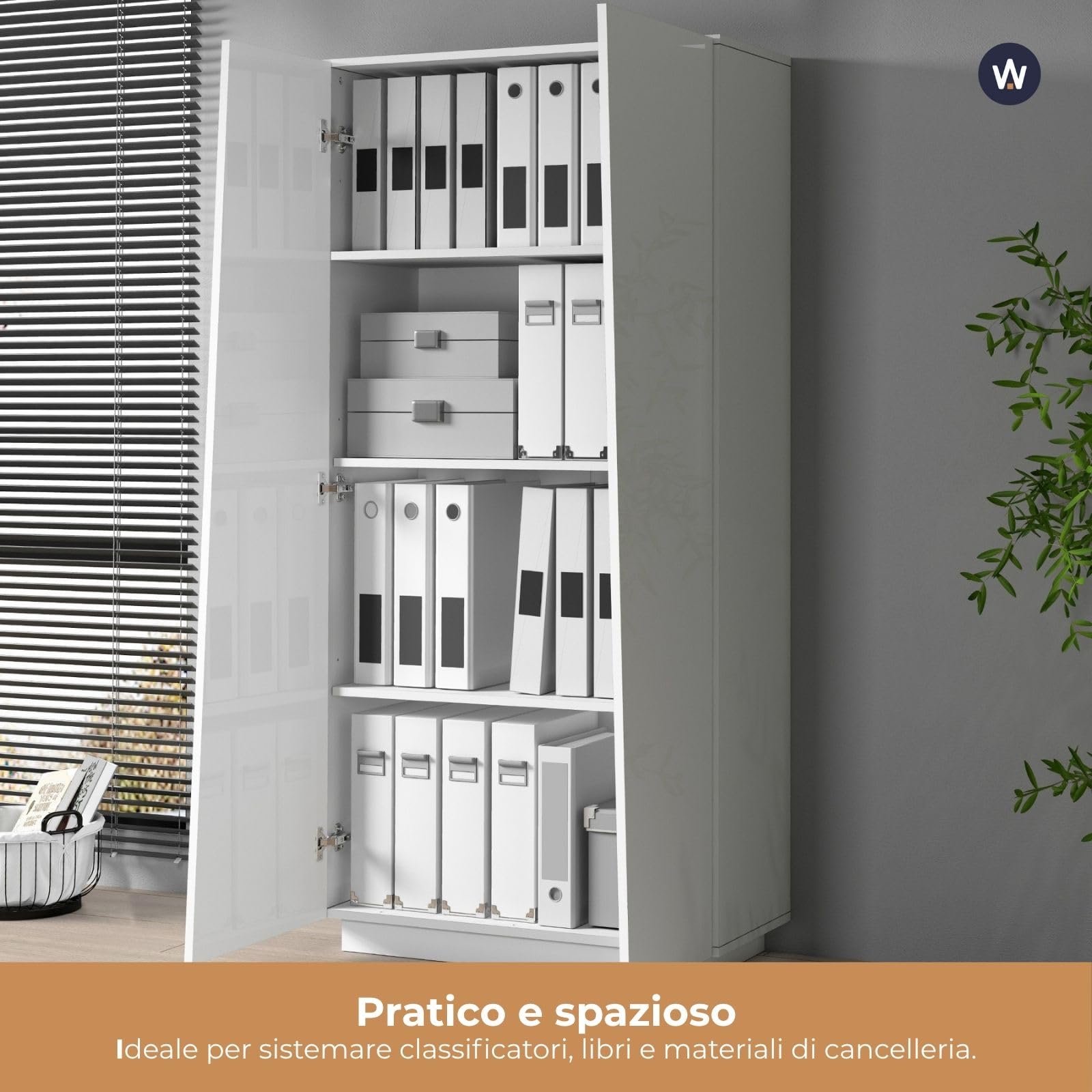 WHOUS Armadio Multiuso EASY per Ufficio, Studio o Camera con 2 Ante e 4 Vani, 79,20x38x166 cm, Bianco Lucido