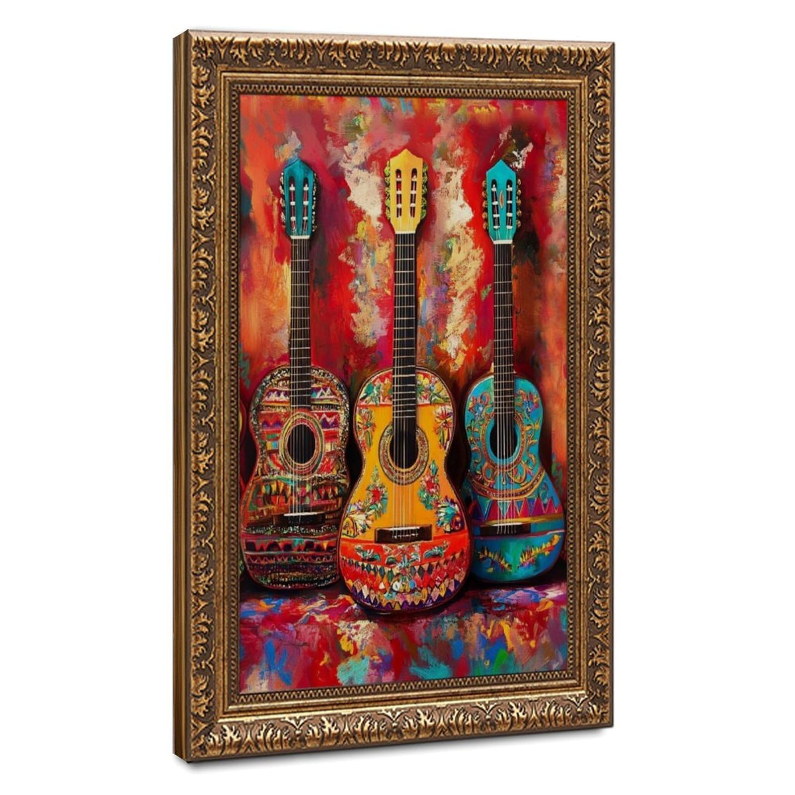 Lxwnze Retro Gold Frame-Style Colorful Mexican Guitar Art Canvas Poster For Dorm Room Decor Gift