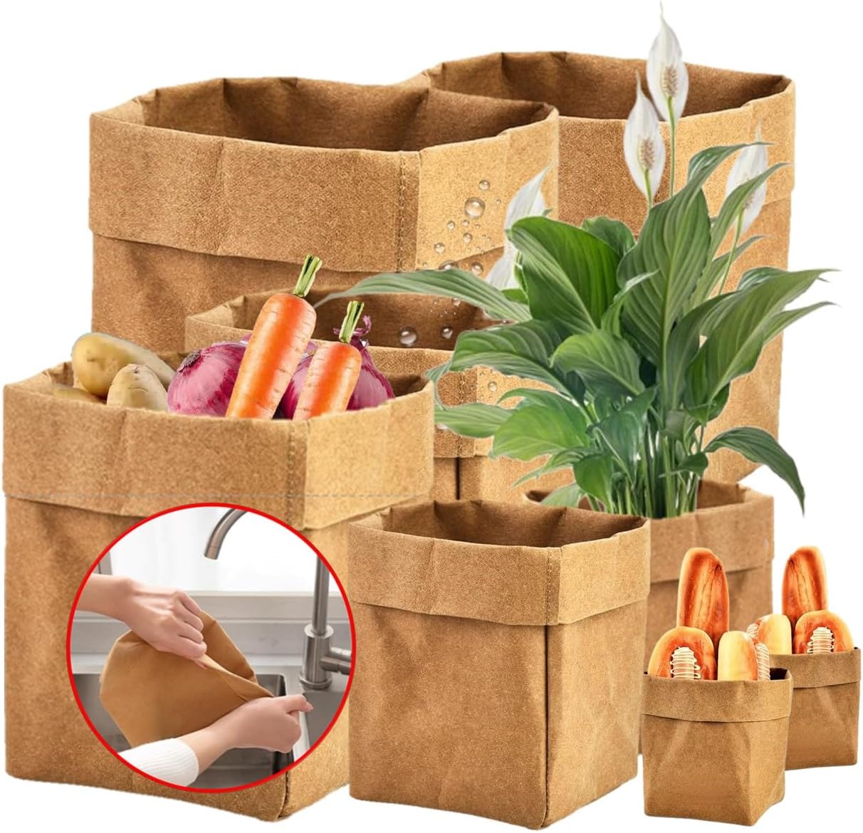 Multiuse Kraft Paper Bags for Office and Home - 4 Sizes, Washable, Study, Degradable - Perfect for Live Plants, Onion Storage, Potatoes - 8pcs/Set