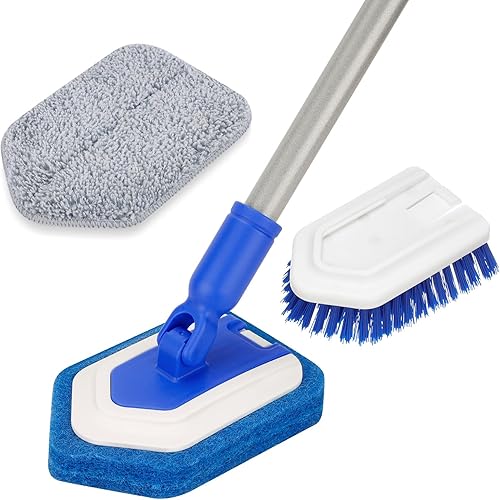 Lalafancy - Cepillo y esponjilla de limpieza de ducha con mango largo extensible de 46 pulgadas, cepillo 2 en 1 para tina y baldosa, accesorio