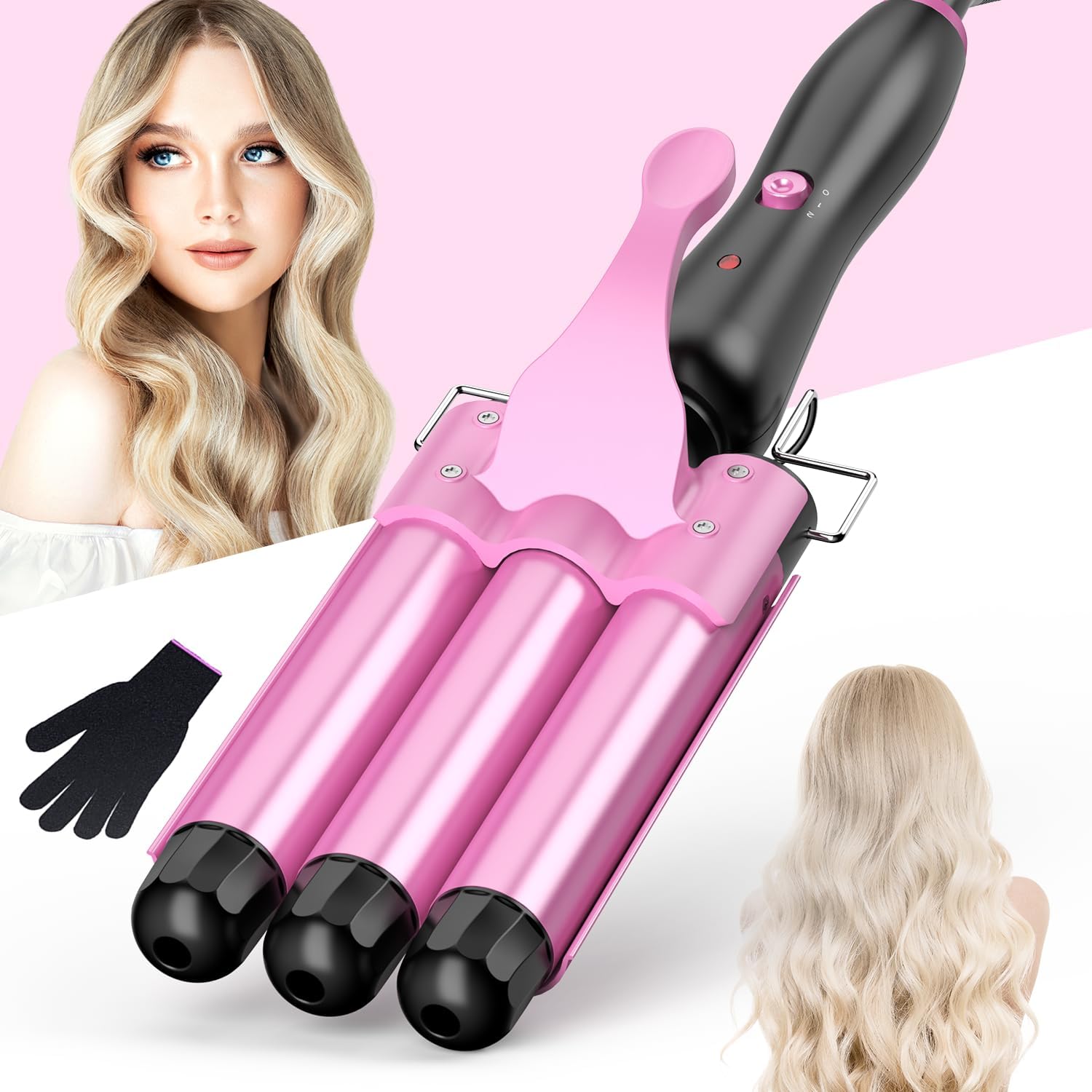 Hair Curler 25mm, 3 Barrel Hair Waver with 30s Quick Heating, Curling Iron with 2 Temperature Control, Heat-Resistant Glove for Long Medium Short Hair