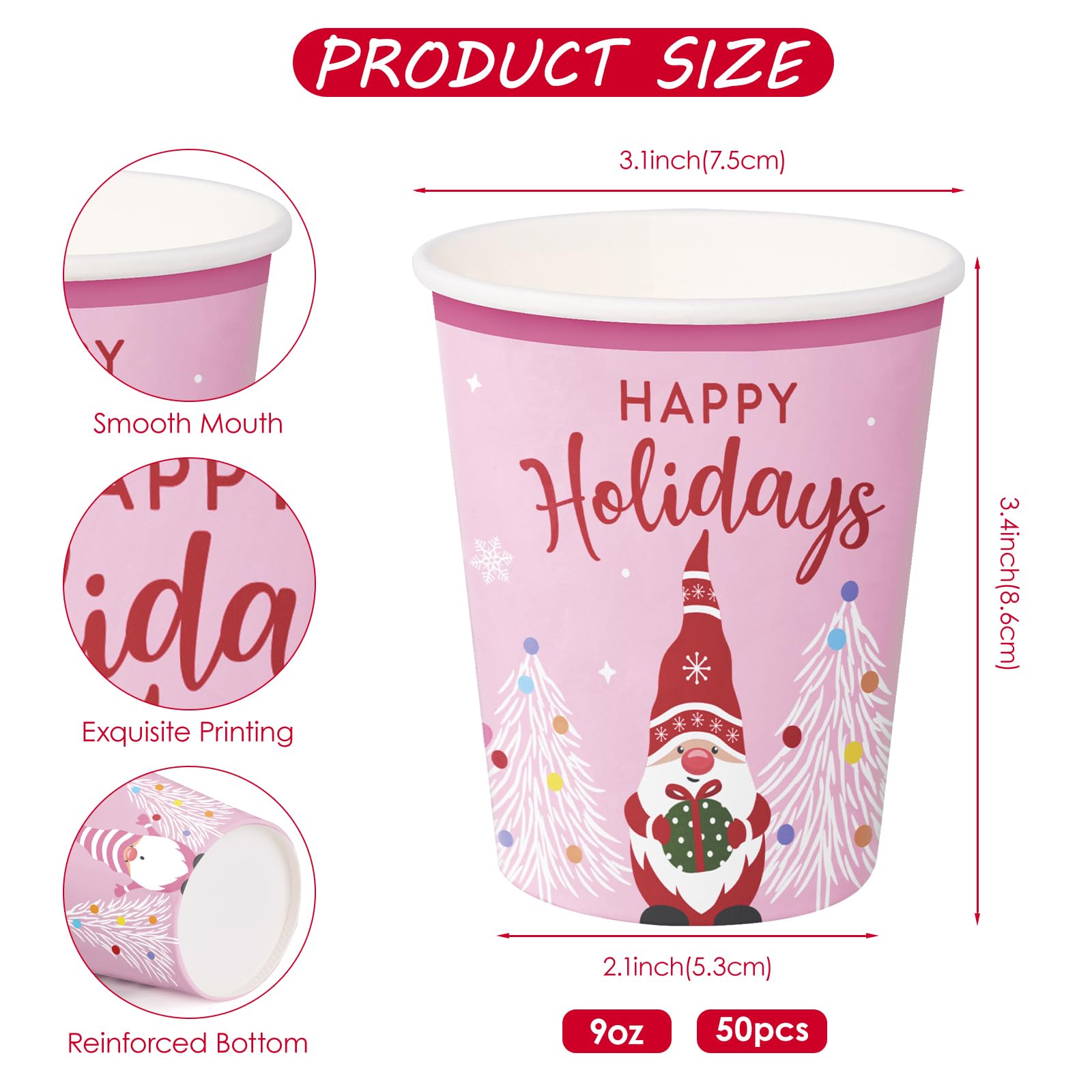 WRAPAHOLIC 100 vasos de papel de Navidad – 9 onzas, vasos desechables de Papá Noel, gnomo y árbol de Navidad, suministros de fiesta de vacaciones para jugo, café, bebidas frías y calientes