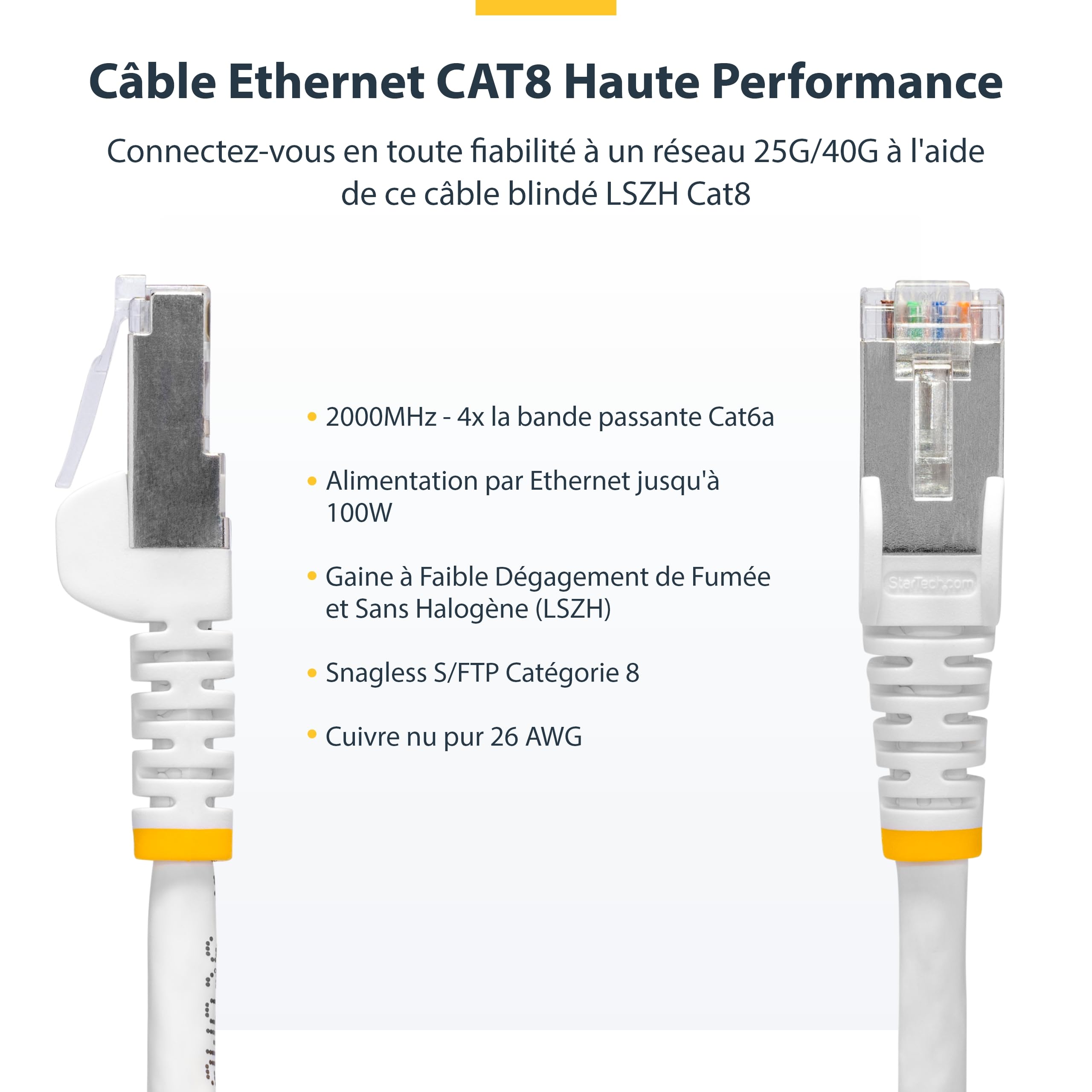 StarTech Câble Ethernet Cat8 Snagless 12m, S/FTP, 100W PoE++, Blanc | RJ45, 25G/40G, 2000MHz, Cuivre nu pur 26AWG, Gaine LSZH, Testé Fluke