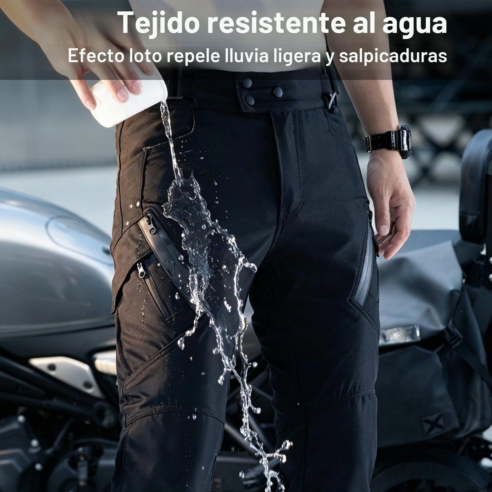Pantalón Moto con Protecciones CE Nivel 2, Repelente al Agua | Protectores de panal EN1621-1,flexibles en frío & extraíbles,tejido textil, 6 bolsillos, para touring y ciudad, todo el año
