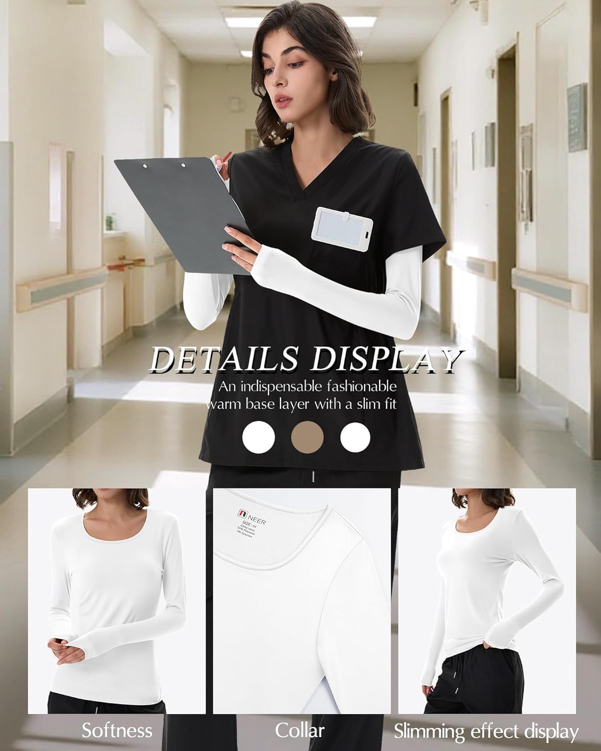 Neer 3 Pack Women's Long Sleeve Underscrub Shirts Scoop Neck Soft Scrub Undershirts for Nurse Basic Stretchy Layering Tops