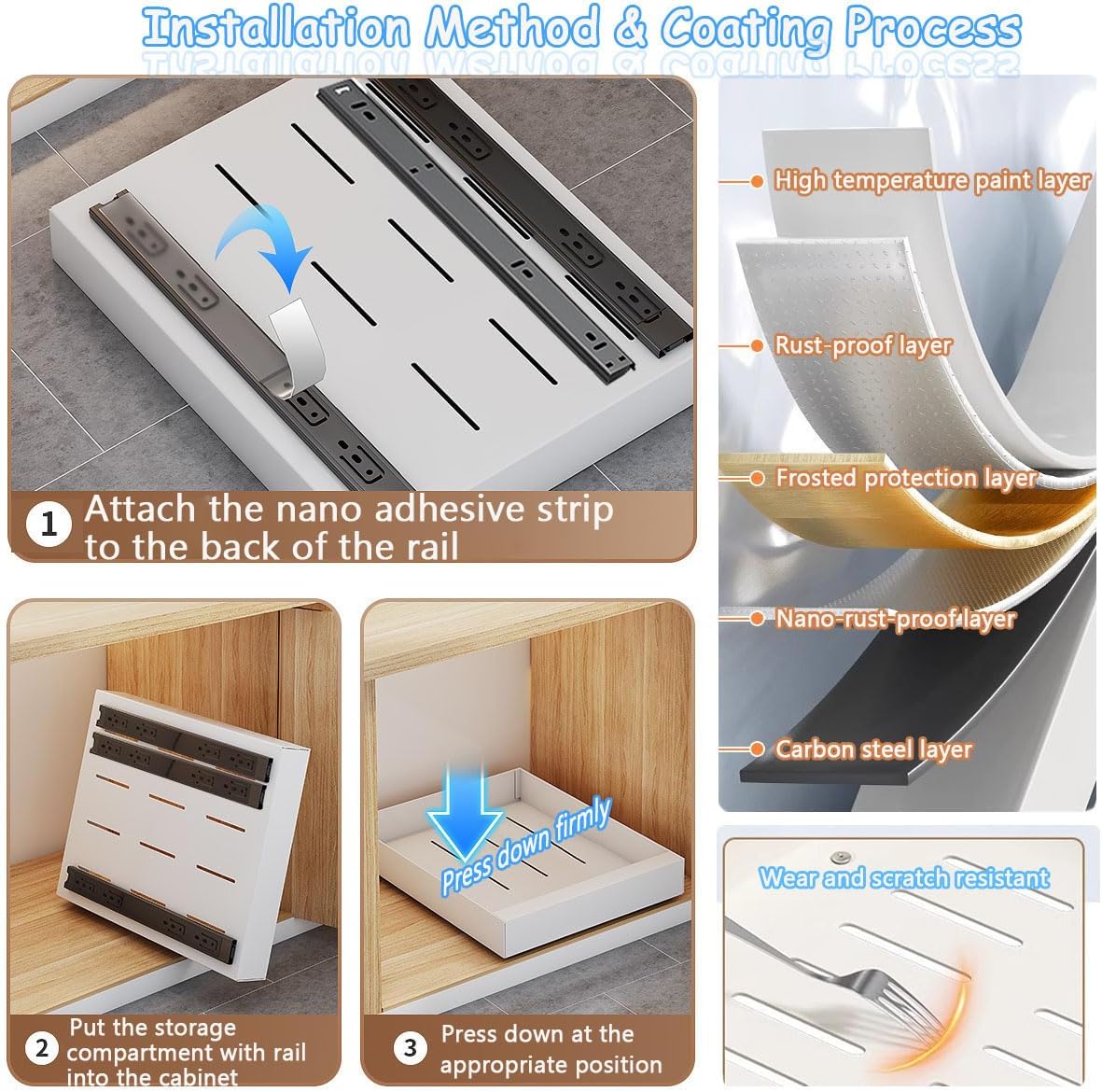 Tiroirs extensibles coulissants pour armoires, tiroirs coulissants sans perçage pour armoires pour le rangement de la cuisine, capacité maximale de 110 lb (noir 4 pièces, 16,5"-26,7")