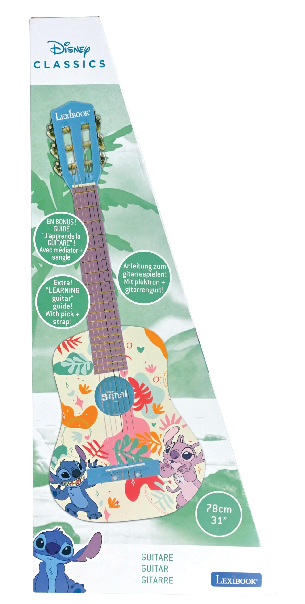 Lexibook, Disney Stitch, Moja pierwsza drewniana gitara akustyczna, 6 strun nylonowych, 78 cm (30"), przewodnik edukacyjny, zestaw picków i pasek, niebieski, K2000DLXB