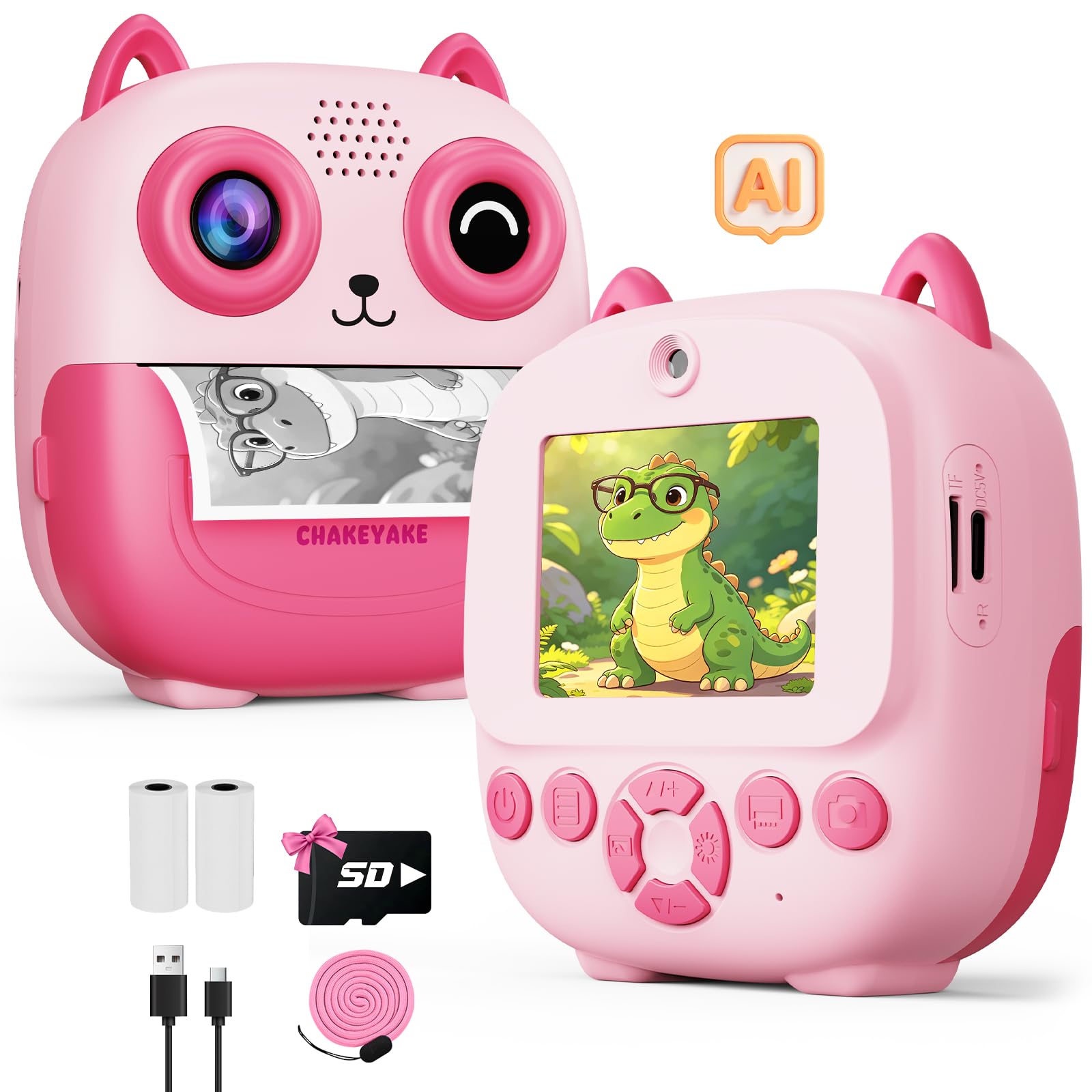 CHAKEYAKE Camara Fotos Infantil Instantanea, Reconocimiento de Voz e Imagen AI, Cámara Digital Infantil 2.4 Pulgadas, Fotografía y Vídeo, Pegatinas Creativas, Filtros, Regalo para Niños Niñas, Rosa