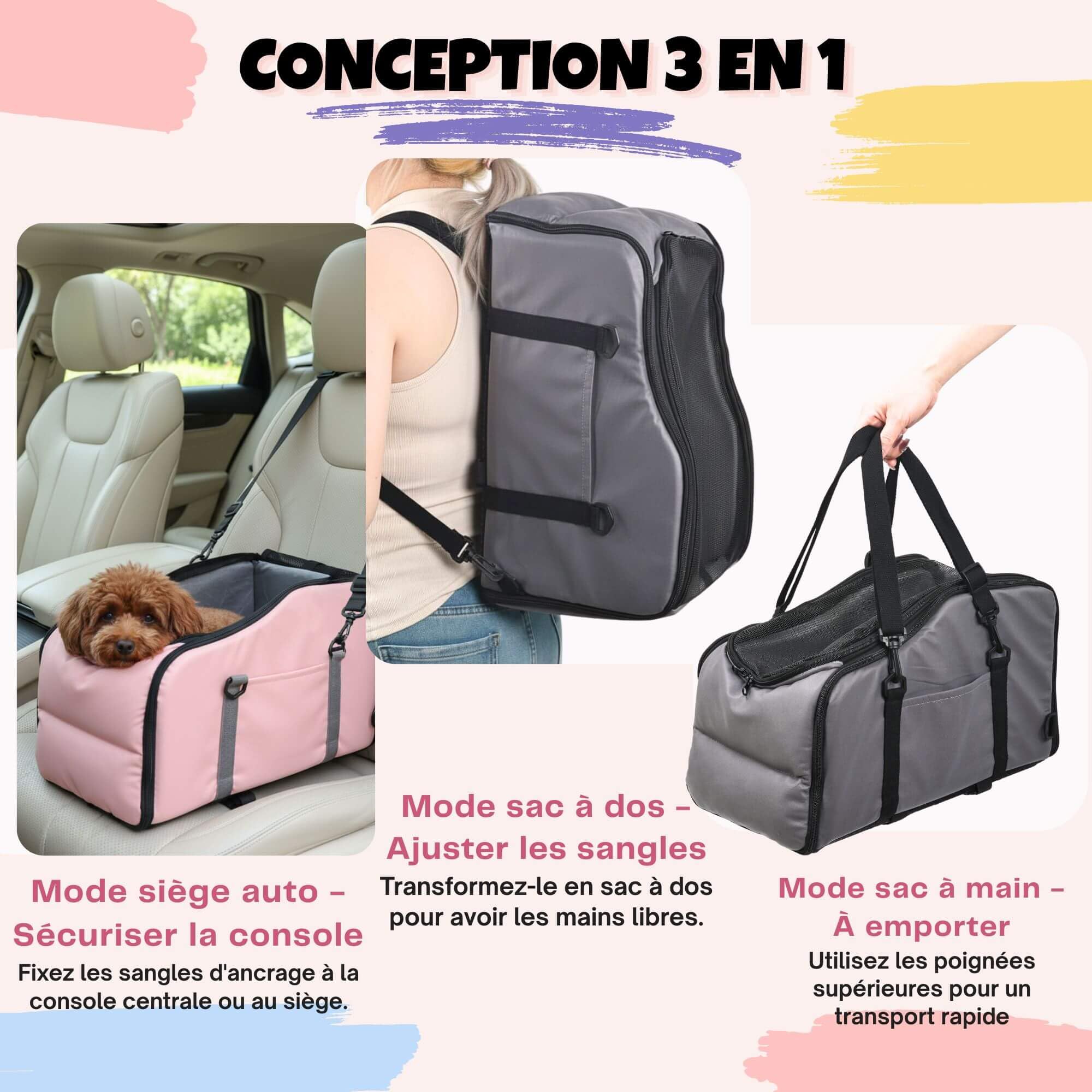 Solday Siège Auto Chat Chien Voiture 3-en-1, Panier Petit avec Laisse Sécurité & Sangles Réglables, Sac Transport Console Centrale Pliable pour Petits Chiens Chats ≤6KG, Gris