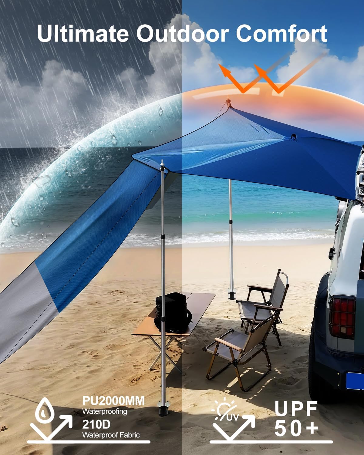 Portable Car Awning for SUV/Truck RV, Shade Waterproof Roof Rack Awning with Side Wall, Heavy Duty Magnets, Suction Cups & Reinforced Poles for Overland, Camping, Beach, Tailgating (Blue)
