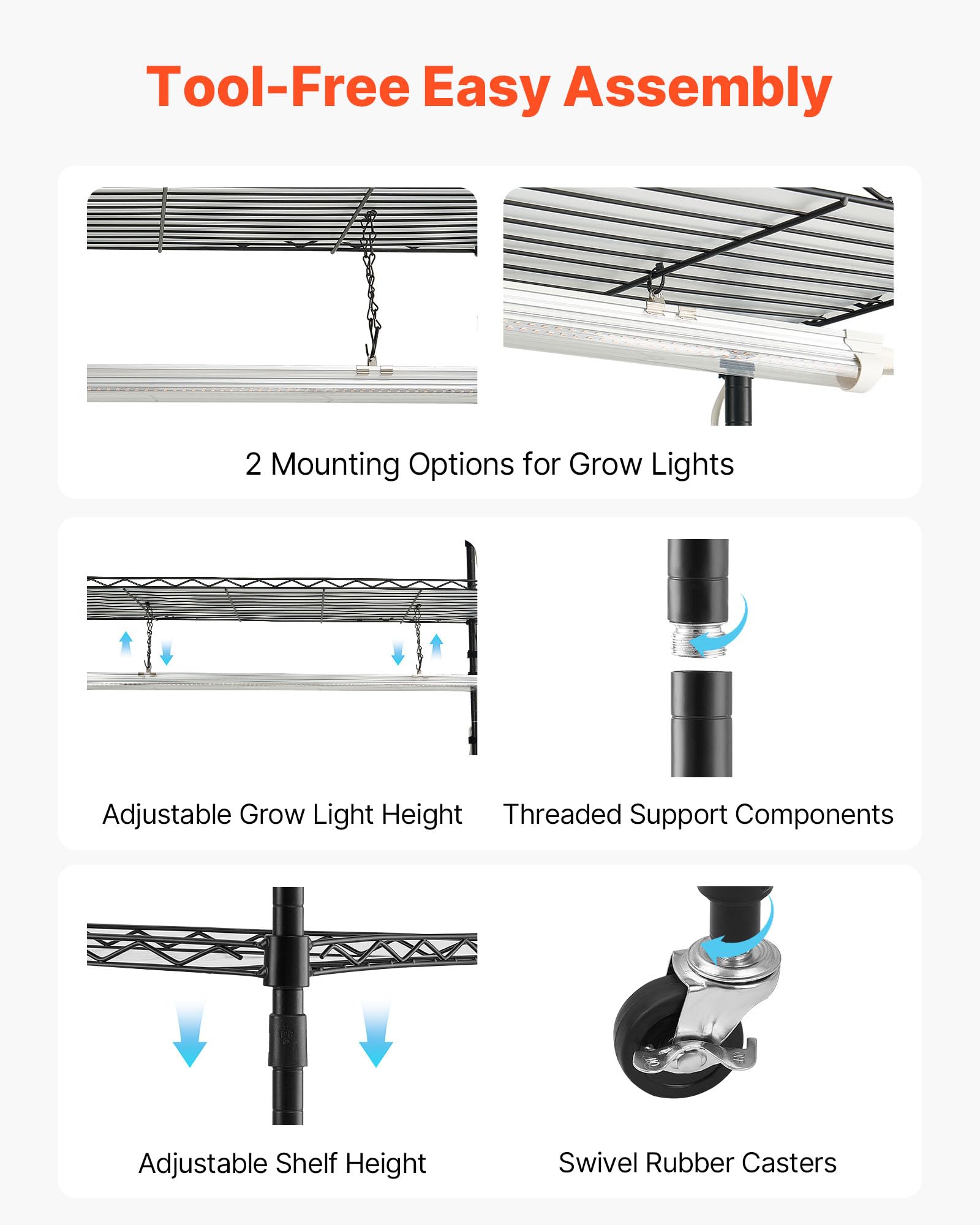 VEVOR Soporte para Plantas con Luz de Cultivo 6 Niveles Alto 180 cm 150 W, Estante para Plantas con Ruedas Giratorias, Temporizador Mecánico, para Crecimiento de Planta, Macetas, 900 x 350 x 1800 mm