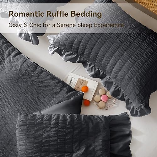 Miniatura 5 de JOLLYVOGUE - Juego de edredón tamaño Queen, 3 piezas, estilo seersucker, ropa de cama en una bolsa para todas las estaciones, ligera, con 1 edredón