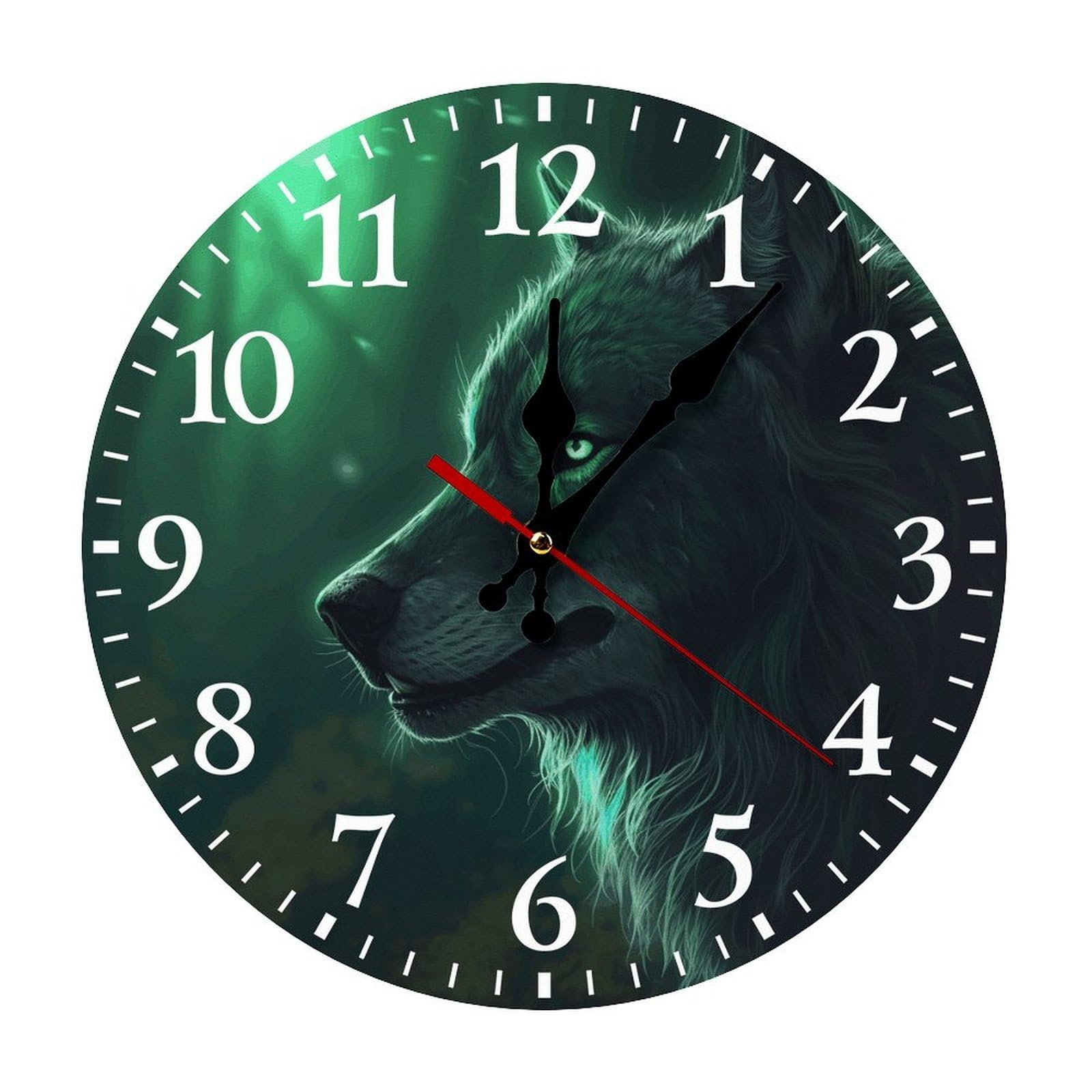 NTVOWPZO 10 Inch Wall Clock Green Wolf Battery Operated Wall Clocks Silent Non-Ticking Round Wall Clock for Living Room Kitchen Home Office Wall Decorative Clock